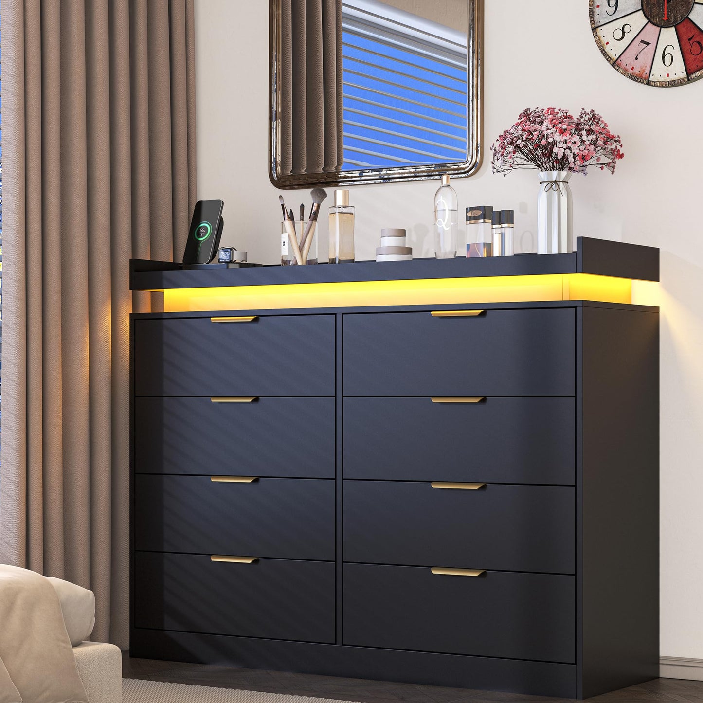 knoworld 8 Drawer Dressers for Bedroom, Black Dresser with LED Lights and Power Outlet, Wood LED Dresser, Double Wide Modern Chest of Drawers for Bedroom, Entryway, Hallway