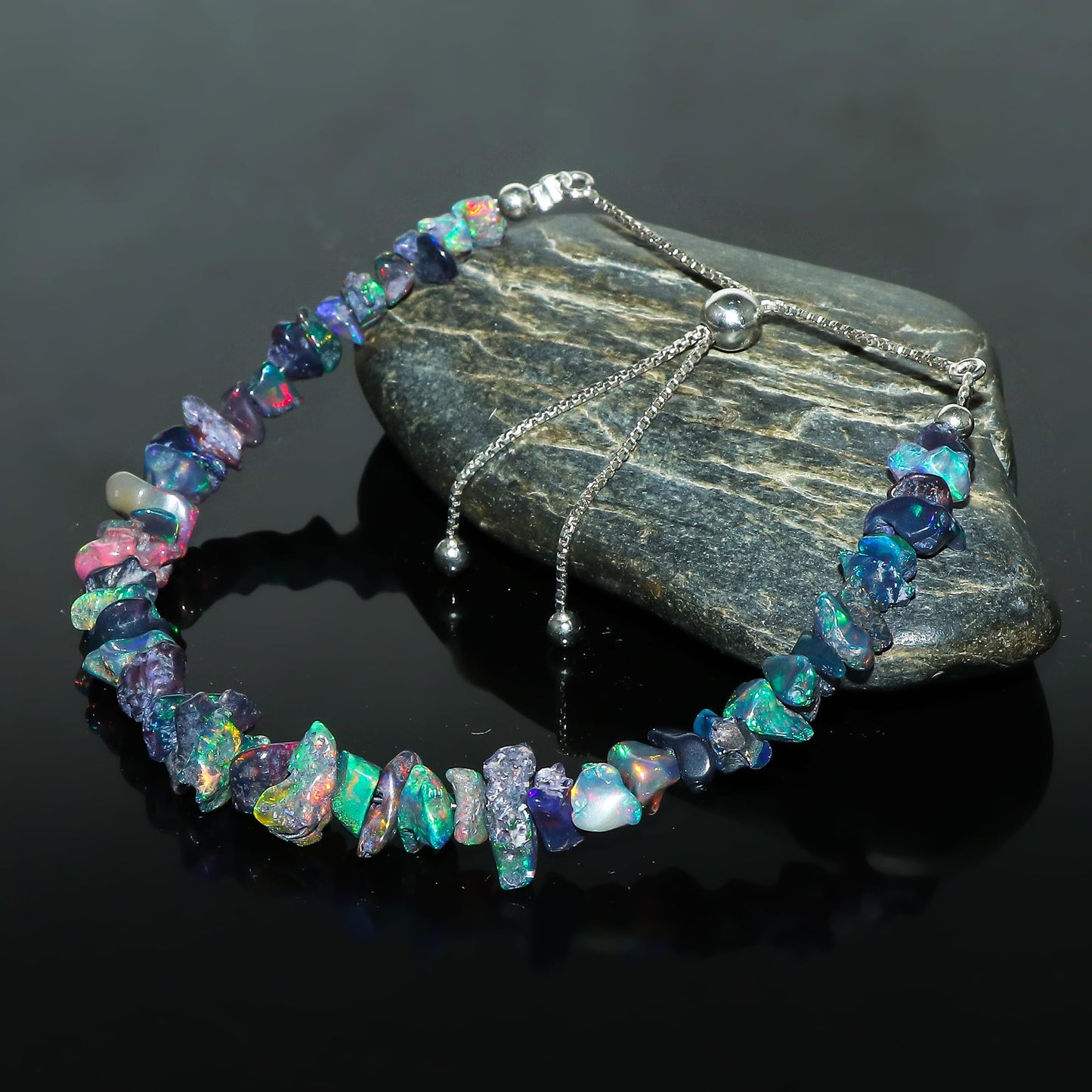 CRYSTALIS Black Opal Bracelet, Natural Raw Stones, Fire Play Rough Gemstones, Chakra Healing Crystals, Gift Giving Jewelry, Rhodium 925 Sterling Silver Women Slider Bolo Bracelet 10 inch (6+4")