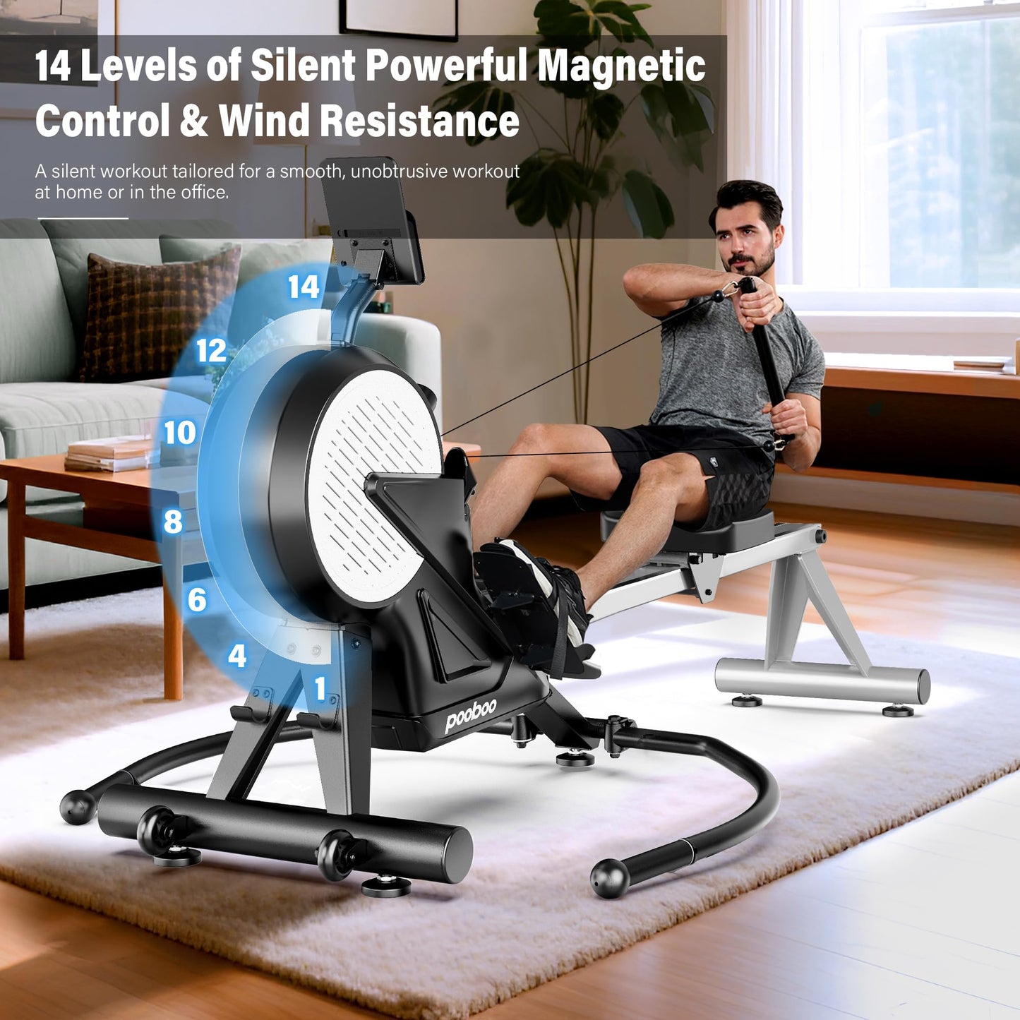 pooboo Rowing Machines for Home, Dual Wind & Magnetic Resistance, Foldable Row Machine 400 LB Weight Capacity, 14 Levels Resistance Quiet Rowers for at Home Exercise, App Supported (Black)