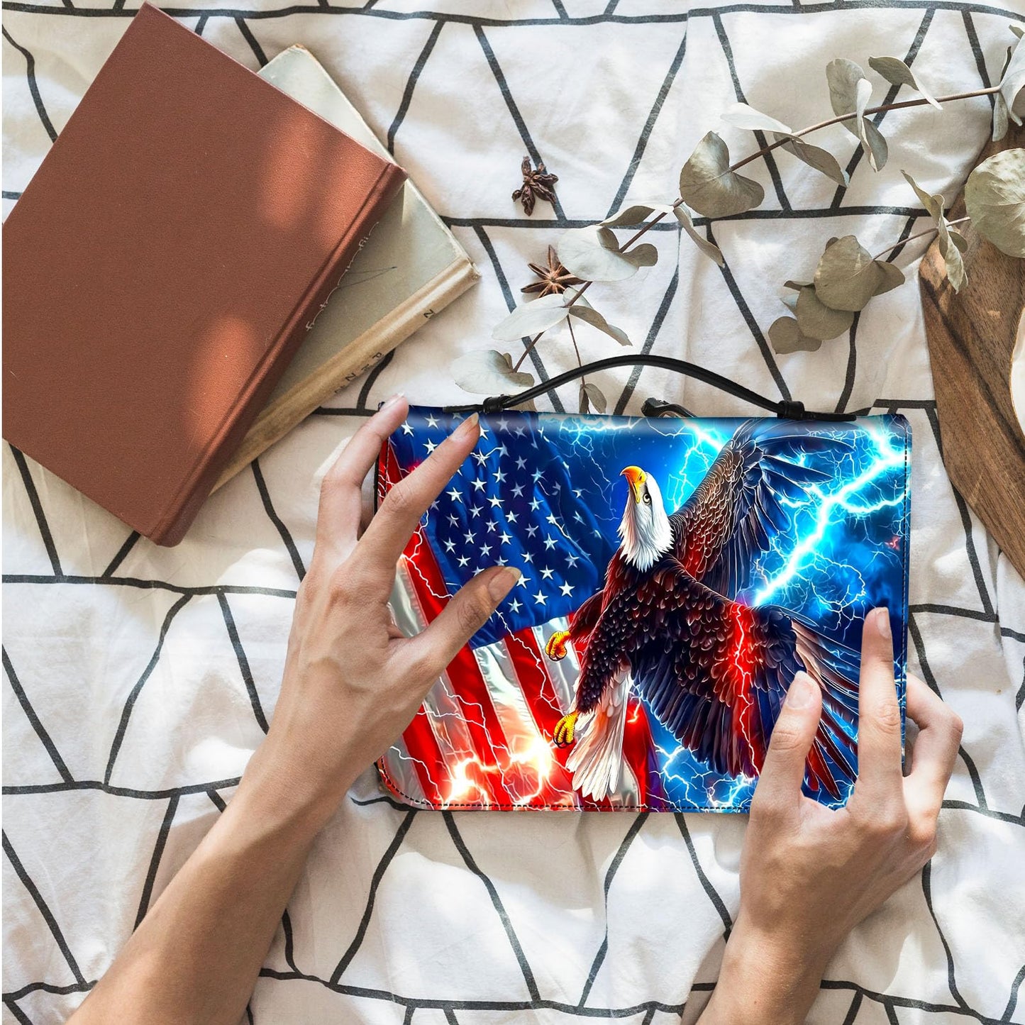 ETLKJVBL Leather Bible Cover for Women & Men, American Flag Eagle Fits Most Standard & Large Bibles - Premium Church, Travel, Gift Bible Case with Zipper Closure & Handles