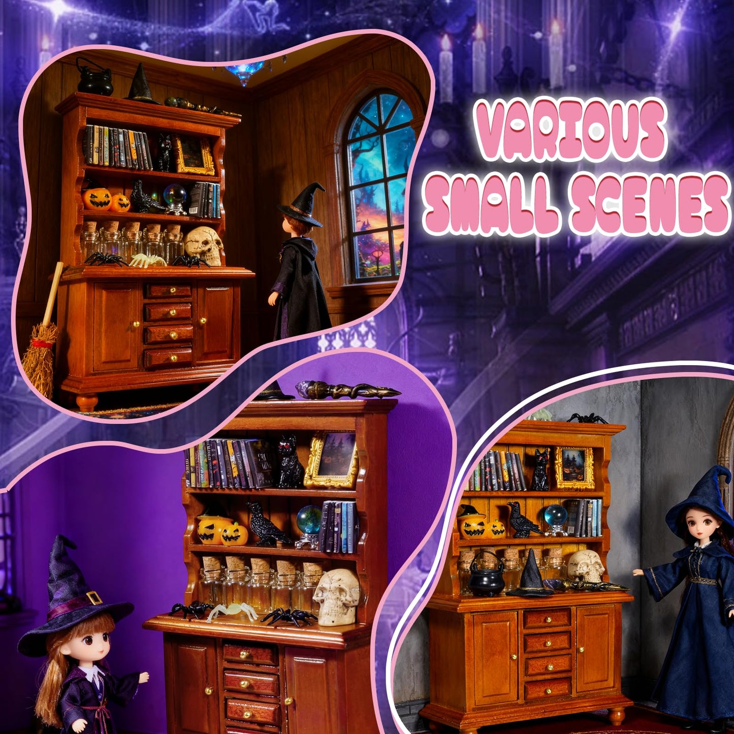 Rileryan 53 Pcs 1:12 Scale Magic Witchy Mini House Kit Halloween Miniatures Accessories Wooden Furnitures Bookshelf Bookcase 30 Mini Books Halloween Decoration