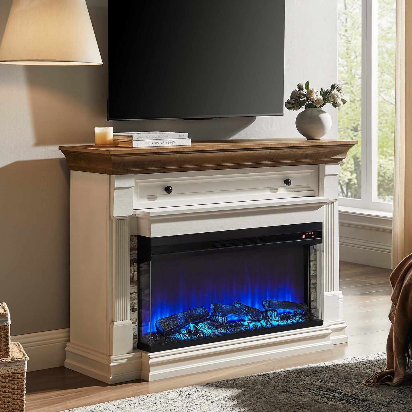 OKD 52 Inch Electric Fireplace with Mantel, Fireplace TV Stand with 36" 3-Sided Glass Electric Fireplace Heater for Living Room (Antique White)
