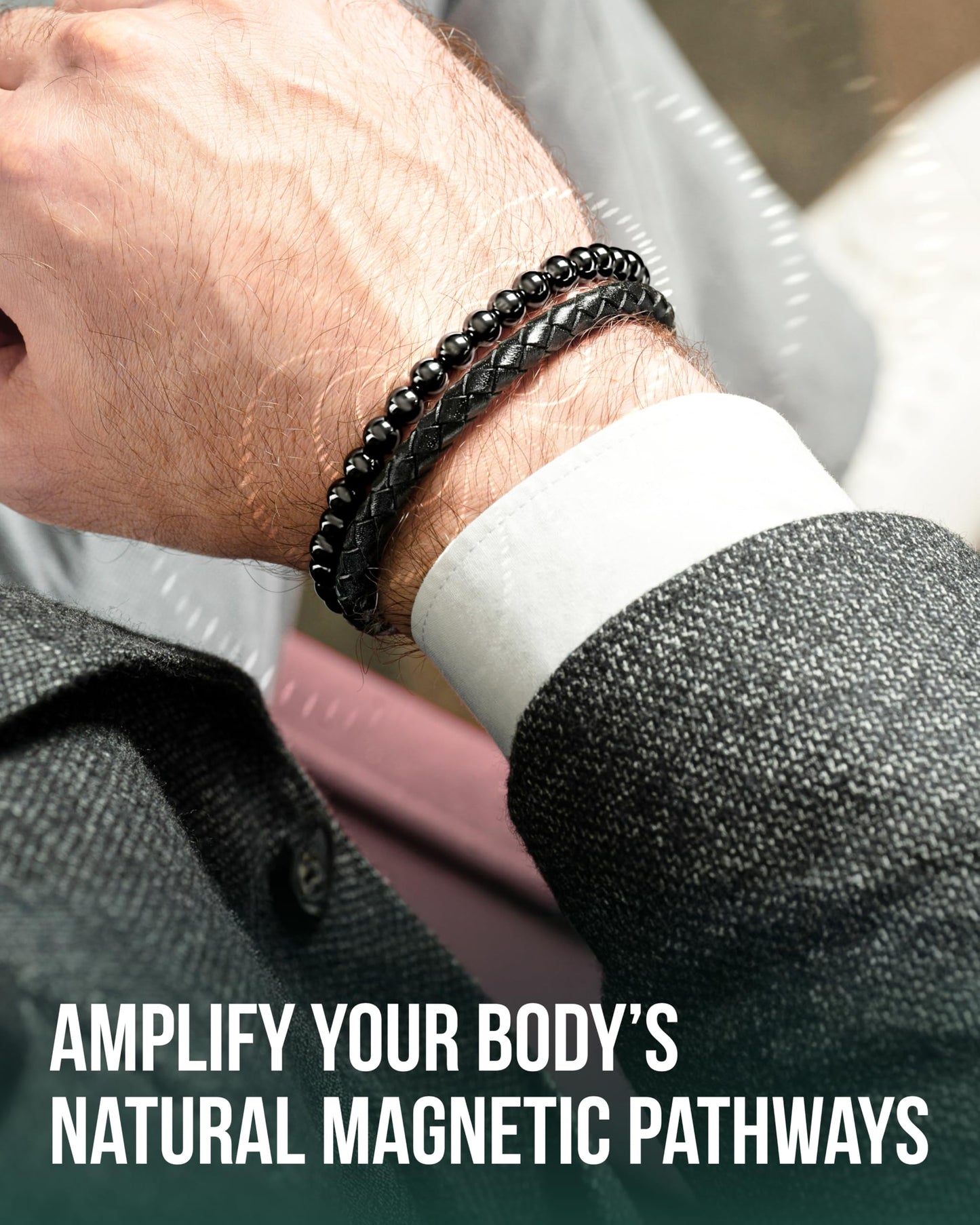 MagnetRX® Hematite & Leather Bracelet – Max Strength Magnetic Stone Beaded Bracelets for Men (Large)