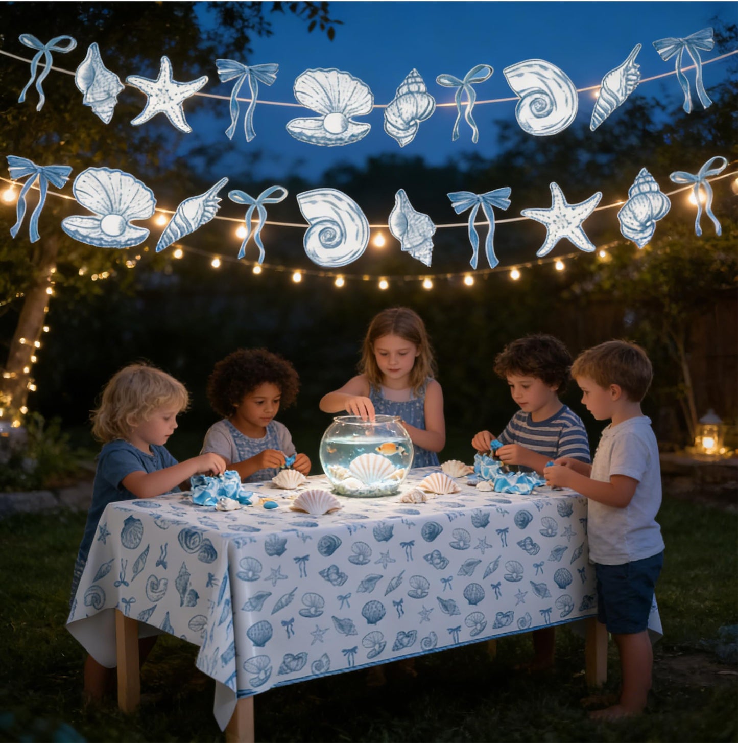 Hokinaa Beach Ocean Party Decorations - 4 Pcs Seashell Coastal Summer Decor Banner Tablecloth Blue Bow Under the Sea Supplies for Happy Birthday Baby Bridal Shower Wedding Bachelorette Engagement