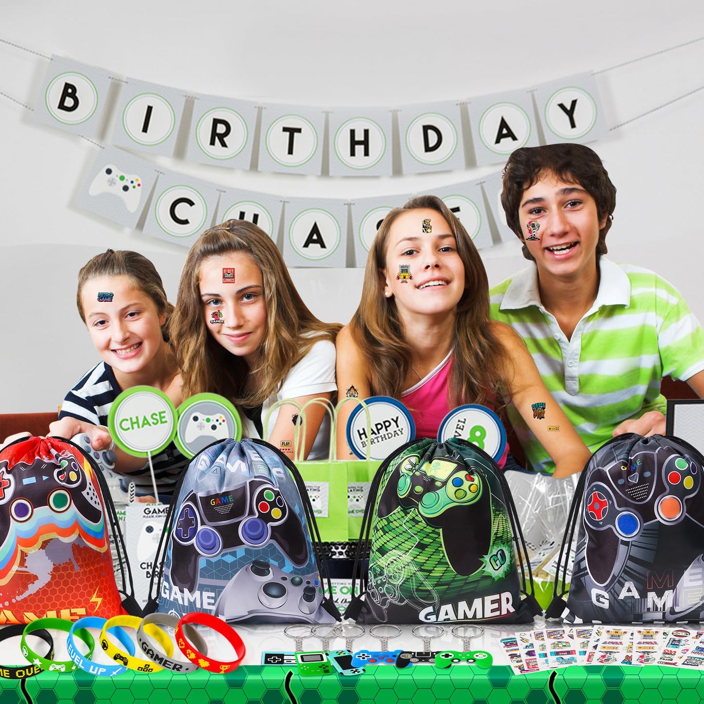 Winrayk 12 Sets Video Game Party Favors Gamer Birthday Supplies, Gaming Drawstring Bag Silicone Wristband Glow In The Dark Tattoos Keychain, Kid Game On Goodie Bag Stuffers Gamer Party favors Supplies