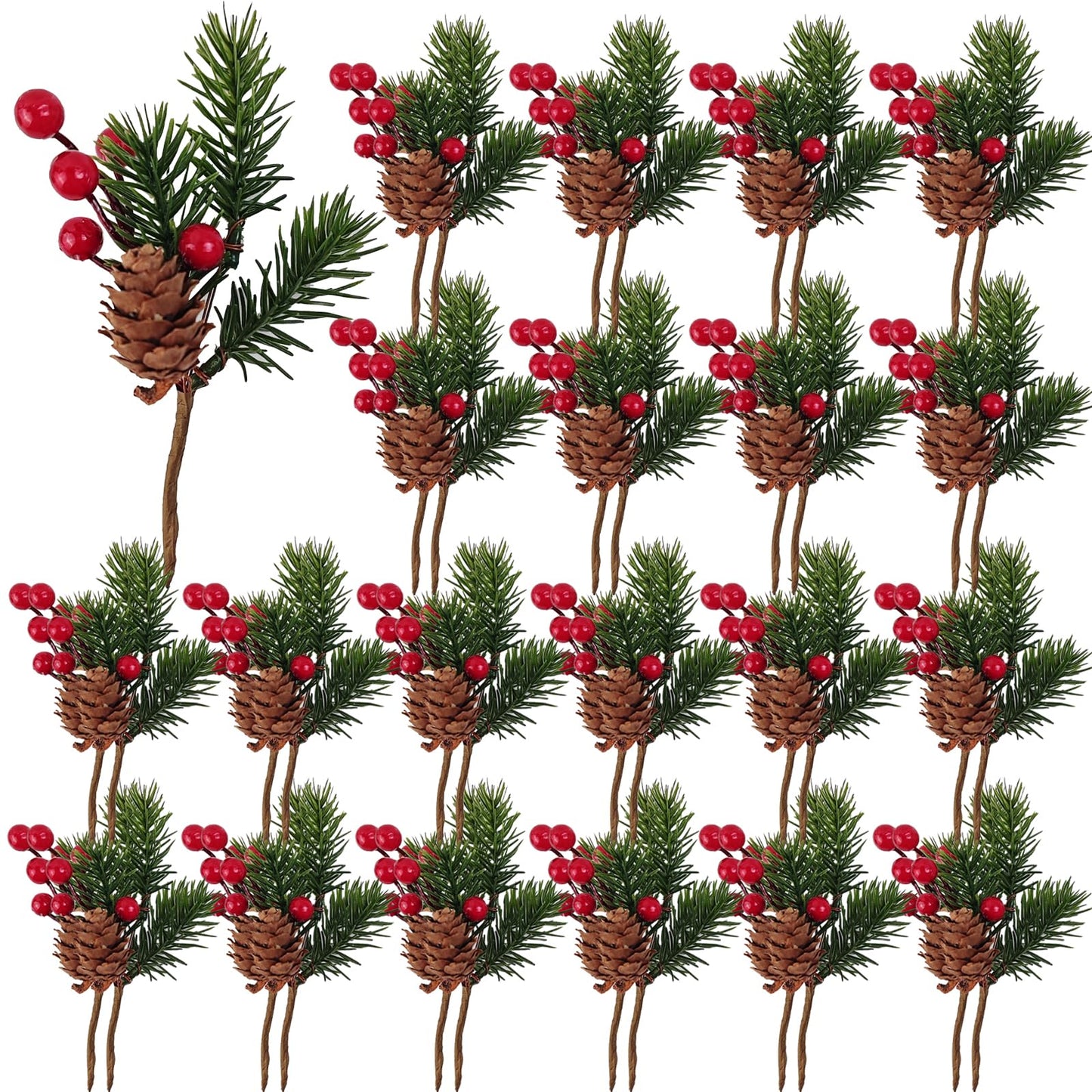 RONYOUNG 20PCS 5.7inch Christmas Berries Red Stems Pine Branches, Christmas Picks Artificial Pine Cones Holly Stem Craft Winter Holiday Floral Picks for Décor DIY Xmas Garland Wreath Ornament