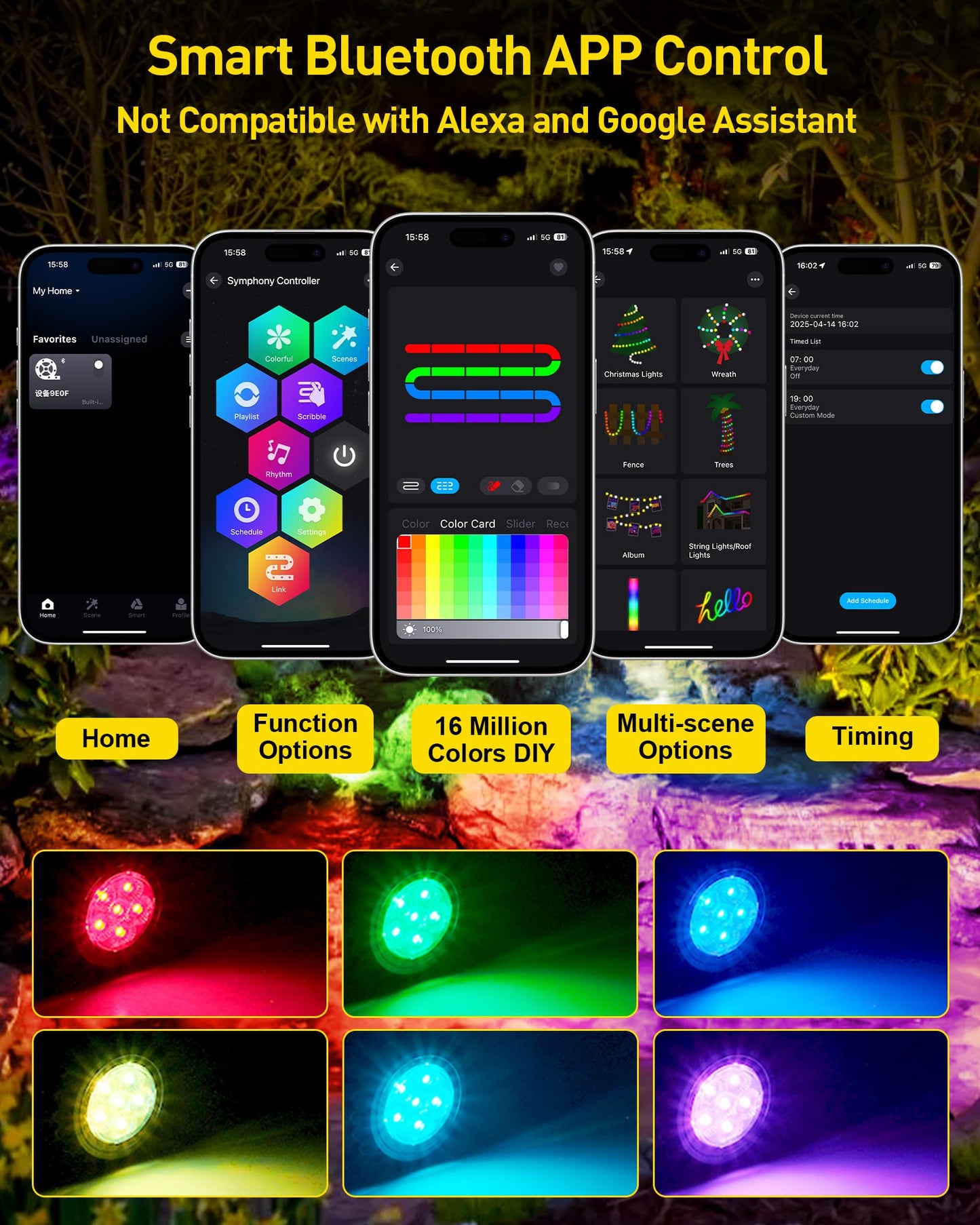 T-SUN Colored Pond Lights, Bright LED Underwater Pond Light Submersible Fountain Lights APP and Remote Control,Dimmable,Timer, IP68 Waterproof Fish Tank Light for Aquarium Fountain Garden (4-Head)