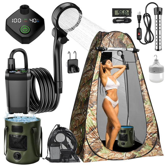 HeiPen Portable Camping Shower Kit, 6000mAh Rechargeable Outdoor Shower Kit with Intelligent LED Display for Camping, Hiking, RV, Traveling, Beach (Portable Hot Shower with Tent)