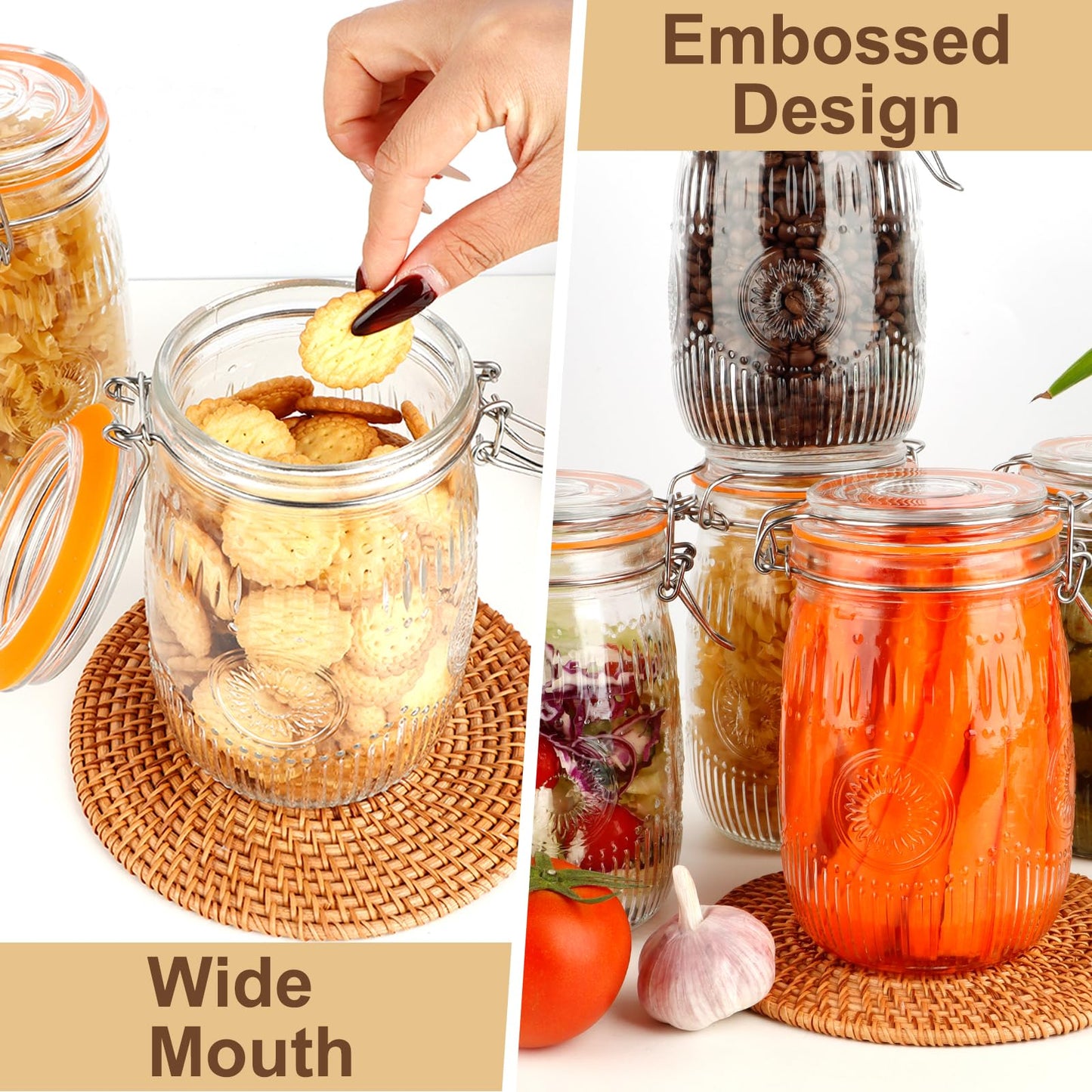 HAYHOI 32oz Mason Jars with Airtight Lids, 6 Pack Wide Mouth Canning Jars with Clamp Lid, Quart Glass Canisters for Kitchen Storage, Pickling, Coffee, Cereal, Sugar, Flour, Beans
