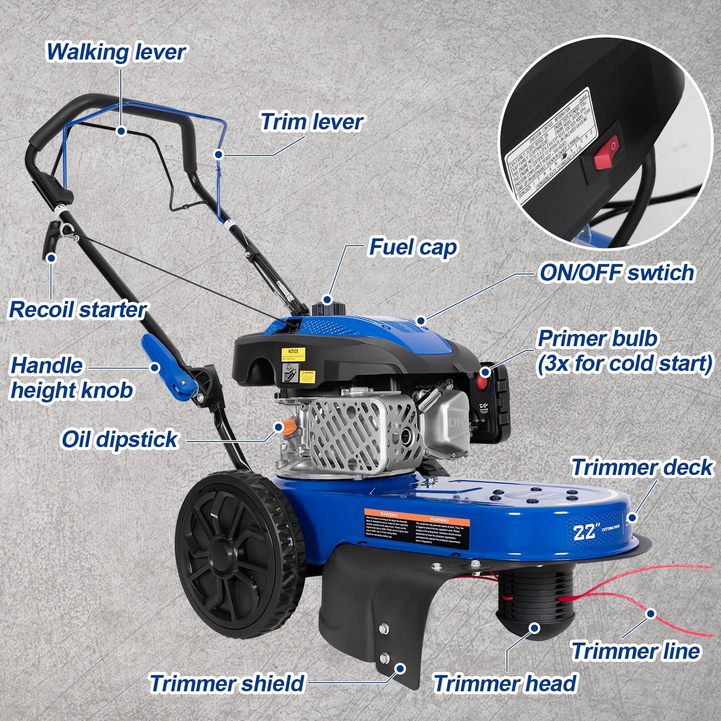 BILT HARD Self-Propelled Walk Behind String Trimmer, 8-Position Cutting Height, 170cc 4-Cycle Gas Brush Hog Mower, 22'' Cutting Diameter, 10'' Flat Free Wheels, Brush Cutter for Lawn, Yard