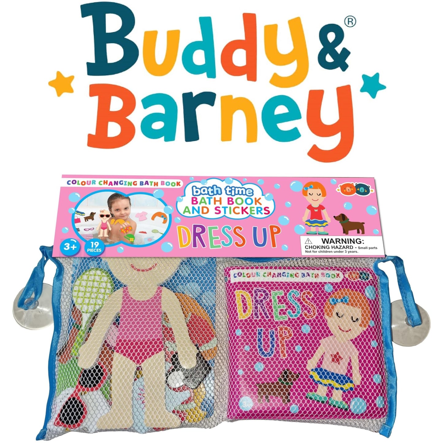 Buddy & Barney: Bath Time: Book & Stickers - Dress Up - Color Changing Book & 17 Foam Pieces, Mix & Match Outfits, Mesh Bag, Water Play Toy, Kids 3+