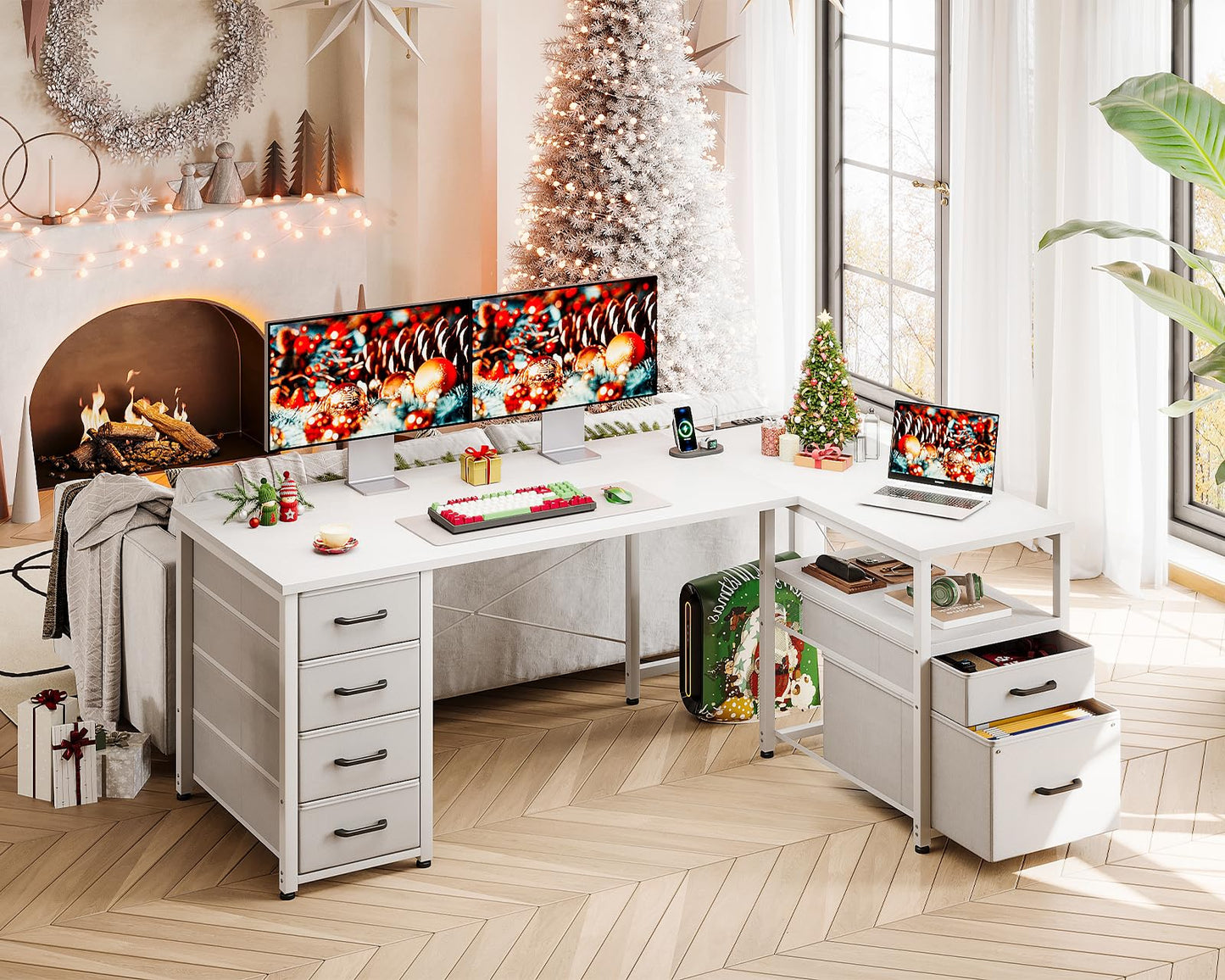 Coleshome L Shaped Computer Desk with 6 Drawers & Power Outlet, 55 Inch Corner Desk with Reversible Storage Shelf & File Drawer, Home Office Desk, White