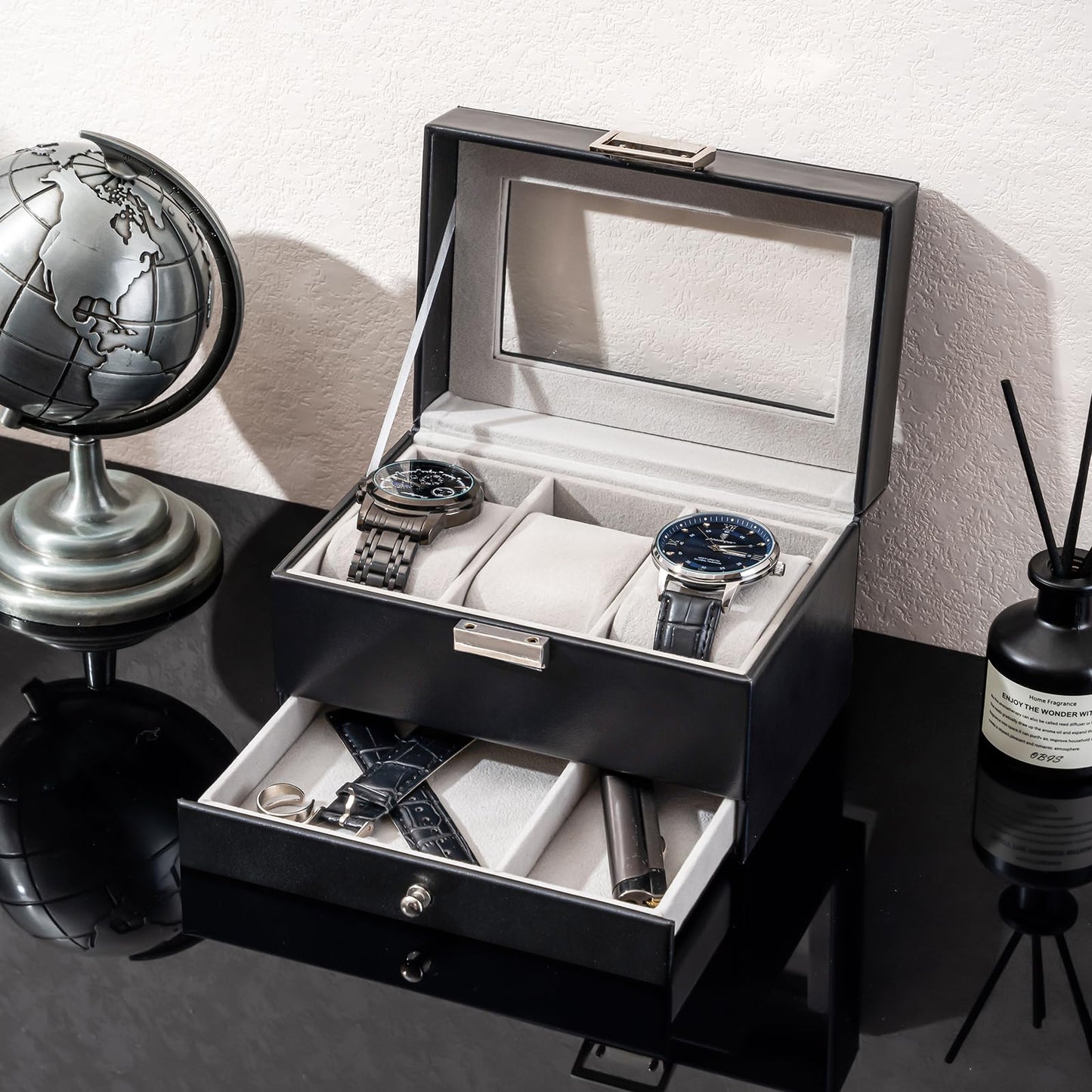 ProCase Watch Box, 3 Slot Watches Display Case with Drawer, Mens Watch Case with Glass Lid, 2-Layer Mens Jewelry Organizer Storage Holder, Birthday Valentine Gifts for Men-3 Slot, Black