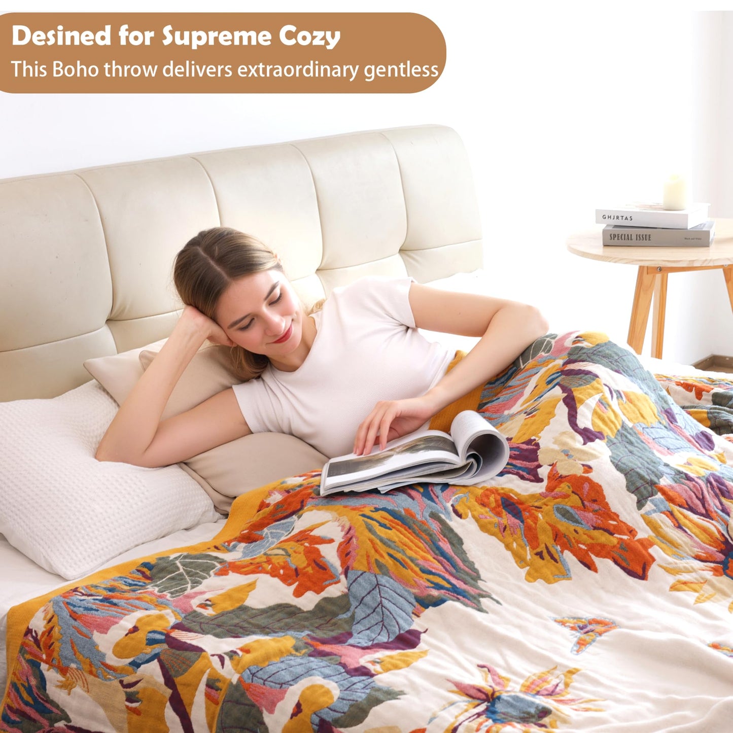 VANJOROY Boho Throw Blanket 60" x 80", 100% Organic Cotton Skin-Friendly Lightweight Ultra Soft Bed Quilt Throw - Spring Floral Butterfly Farmhouse Decor Blanket for Sofa Couch Chair and Gift.