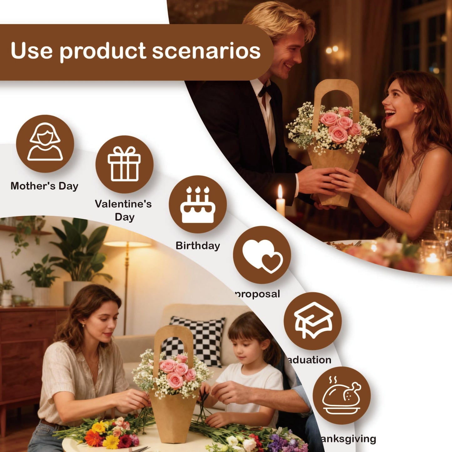 xialgshe 20 Pcs kraft paper flowers gift bags bouquets bags cones flower bouquet bags with handle to make bouquets for wedding,paper wedding birthday gift bag valentines day gift bag