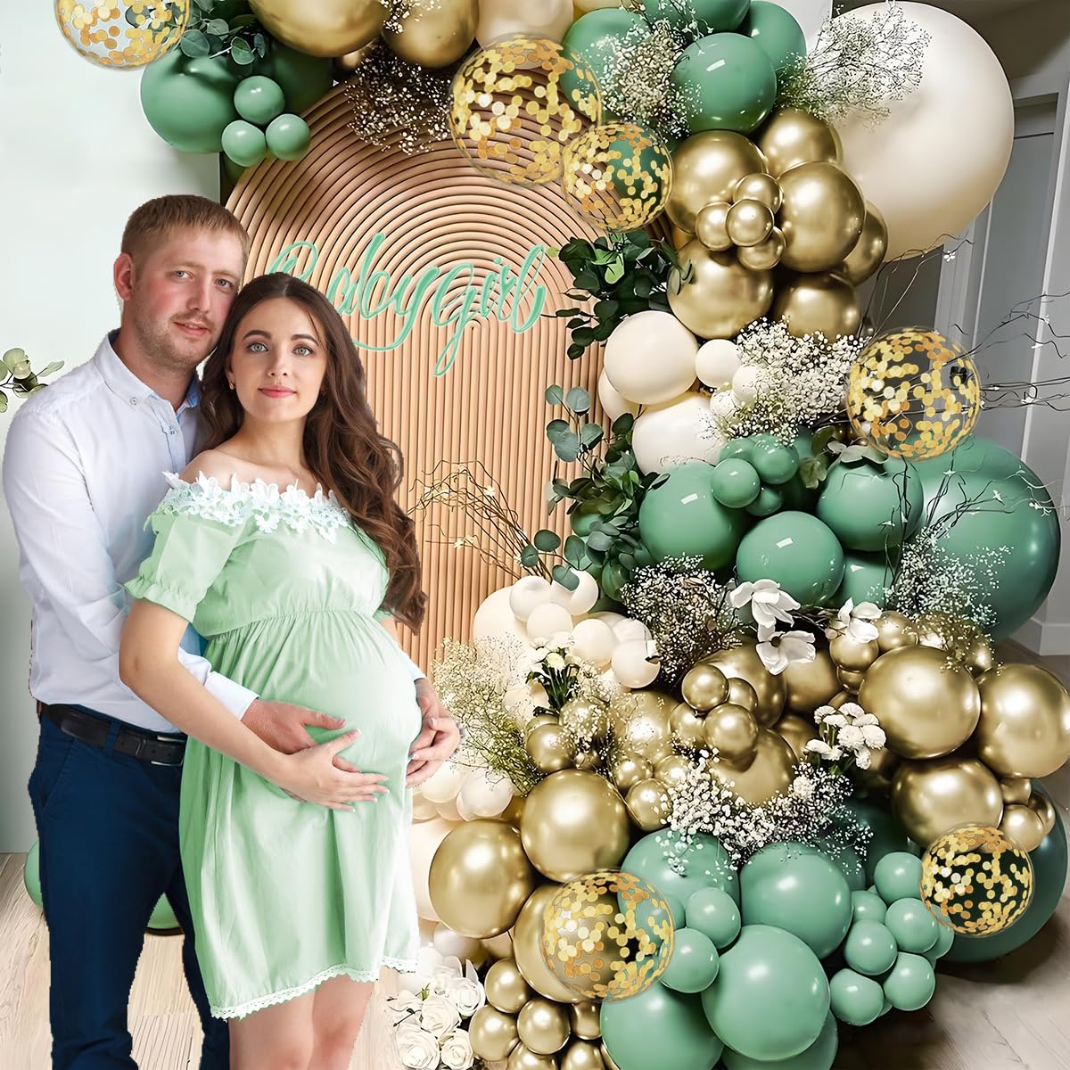 MEBAY Sage Green Balloon Arch Kit, 155Pcs Sage Green White Sand Metallic Gold Garland with Gold Confetti Balloons for Graduation Baby Shower Wedding Jungle Birthday Party Decorations