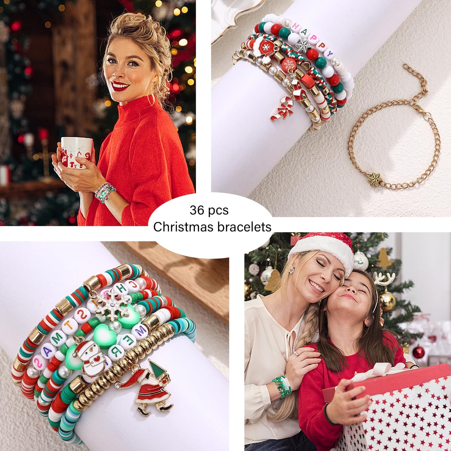 Cooluckday 36Pcs Christmas Bracelets Bulk Christmas Gifts for Women Friendship Bracelets Xmas Snowflake Snowman Bell Santa Claus Bracelets Stretch Bracelets as Party Gifts Bag Filler