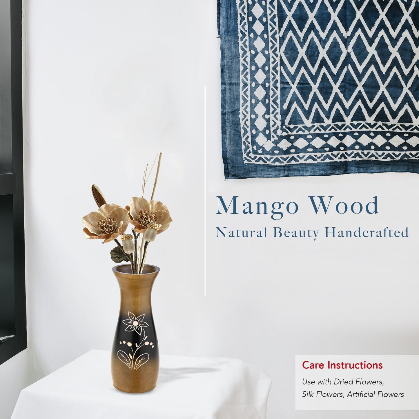 Rainforest Brown Hand Carved Lily Flower 8-inch Mango Tree Wood Vase (1 PC) | Modern Farmhouse Home Décor | Kitchen Bedroom Living Room Home Decoration