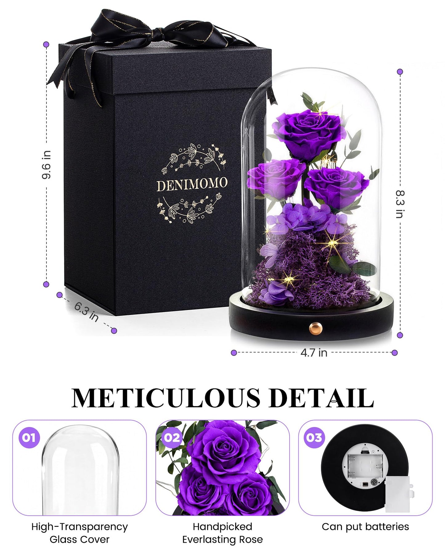 DENIMOMO Mothers Day Roses Gifts for Mom,Forever Purple Preserved Rose in Glass Dome,Mothers Day Real Flowers Roses Gifts for Wife Women Mom Grandma/Purple