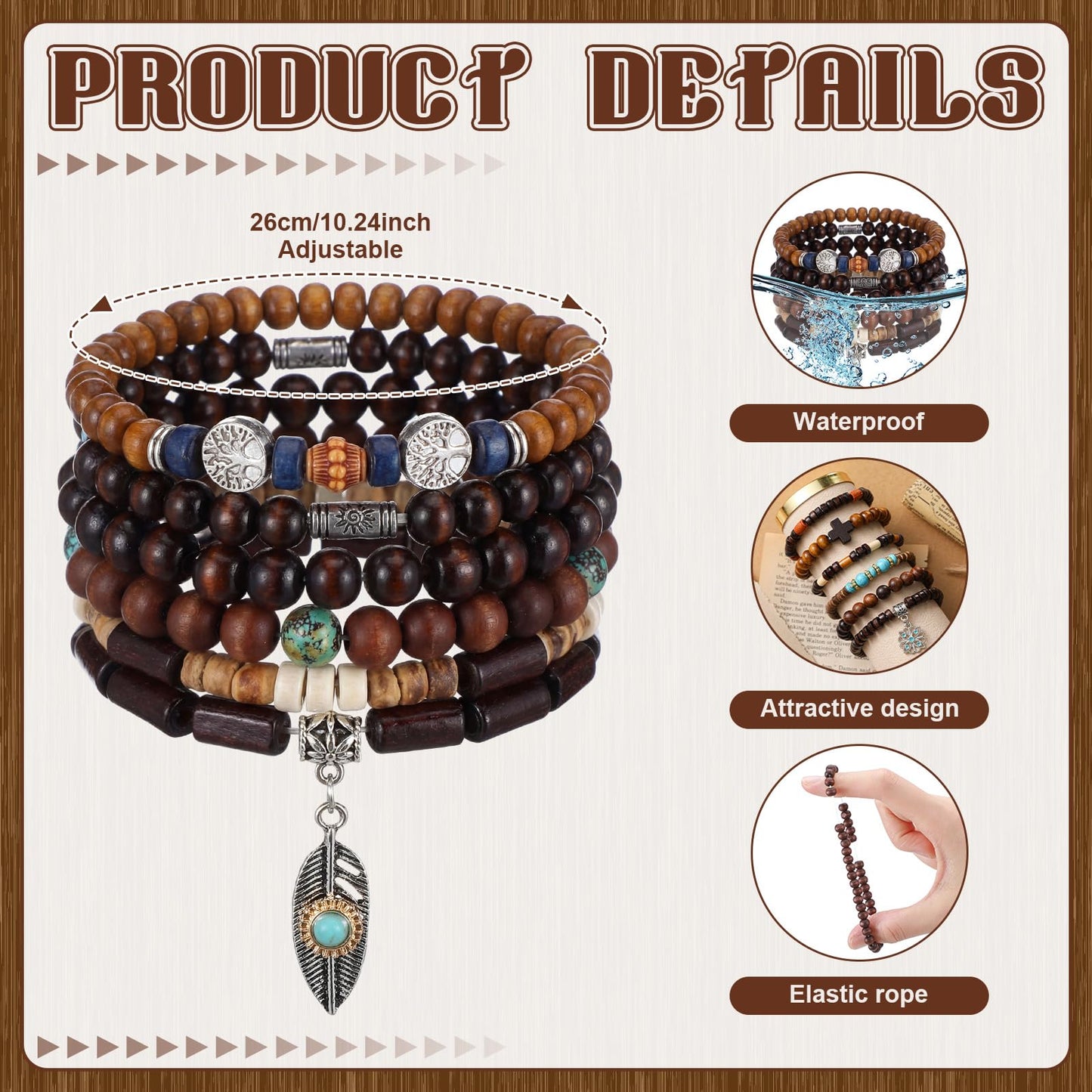 Tondiamo 48 Pcs Punk Wooden Beads Bracelets Gothic Bracelet for Men Adjustable Bulk Vintage Beaded Bracelet Metal Set Wood Bangles Wristbands Commemorative Gift