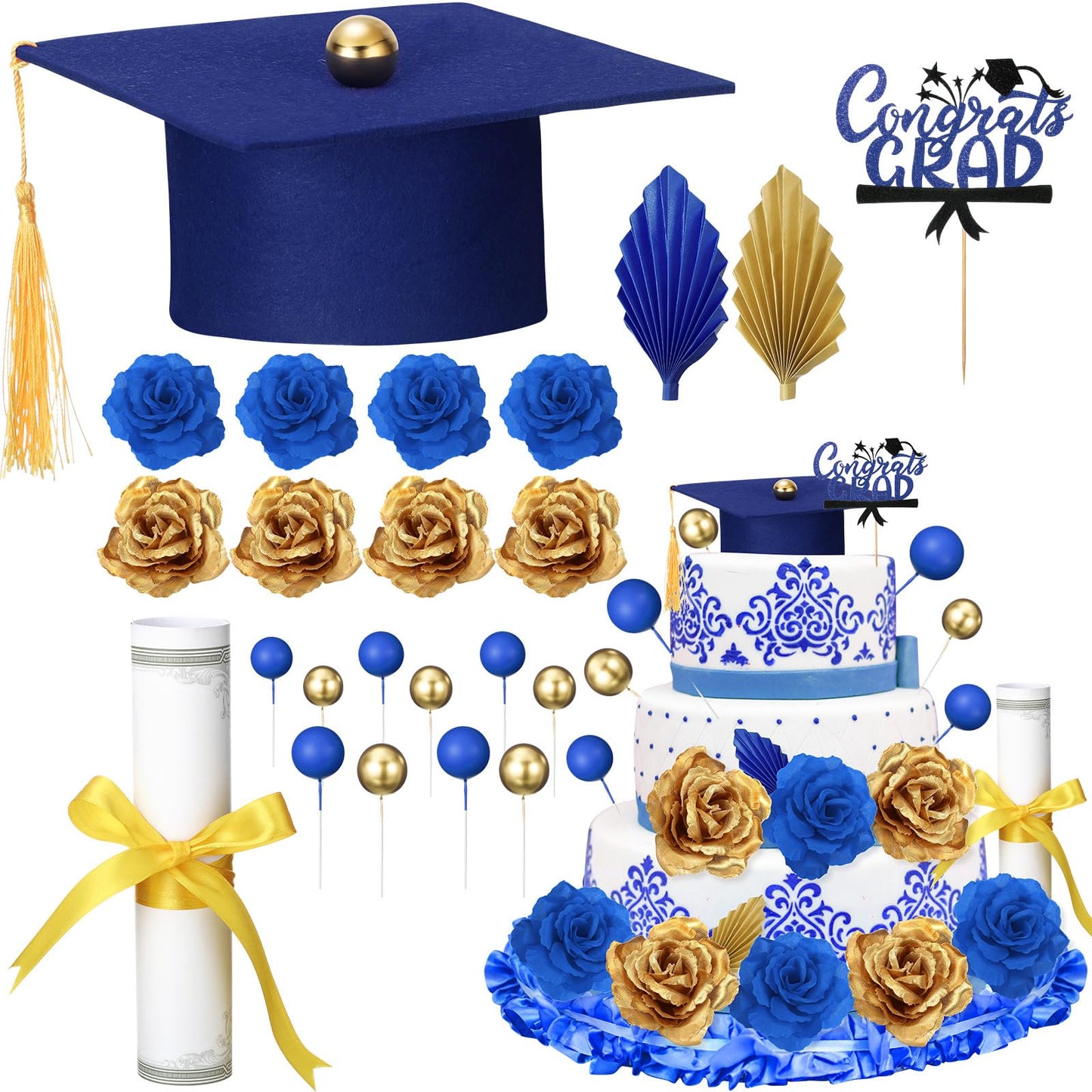 Jingmore Graduation Cake Kit Included Felt Graduation Cap Diploma Classic Black Congrats Grad Cupcake Toppers Beads Leaf Flowers Cake Decorations for Class of 2026 Party(Blue and Gold)