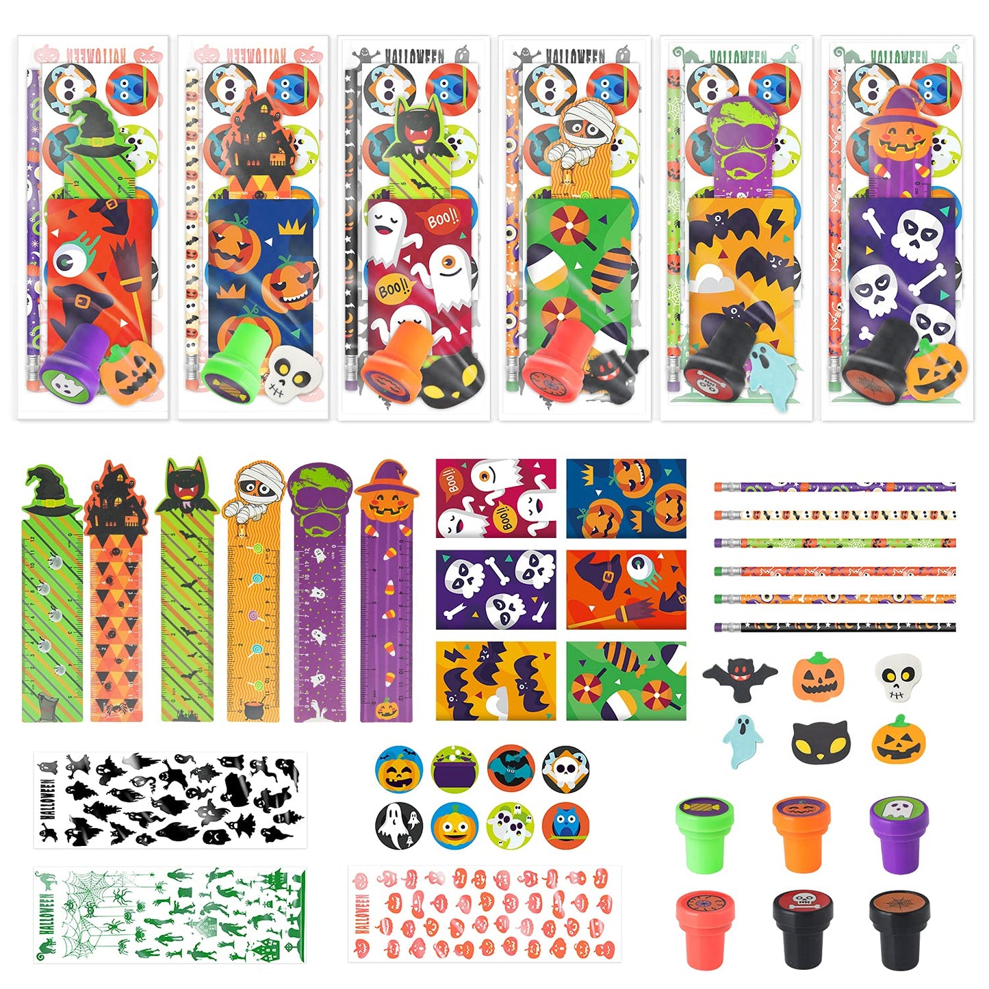 SpringFlower 168pcs Halloween Party Favors For Kids, Halloween Stationery set , Halloween Goody Bag Fillers including Pencil, Eraser, Ruler, Notepad, Stamper, Sticker For Trick or Treat