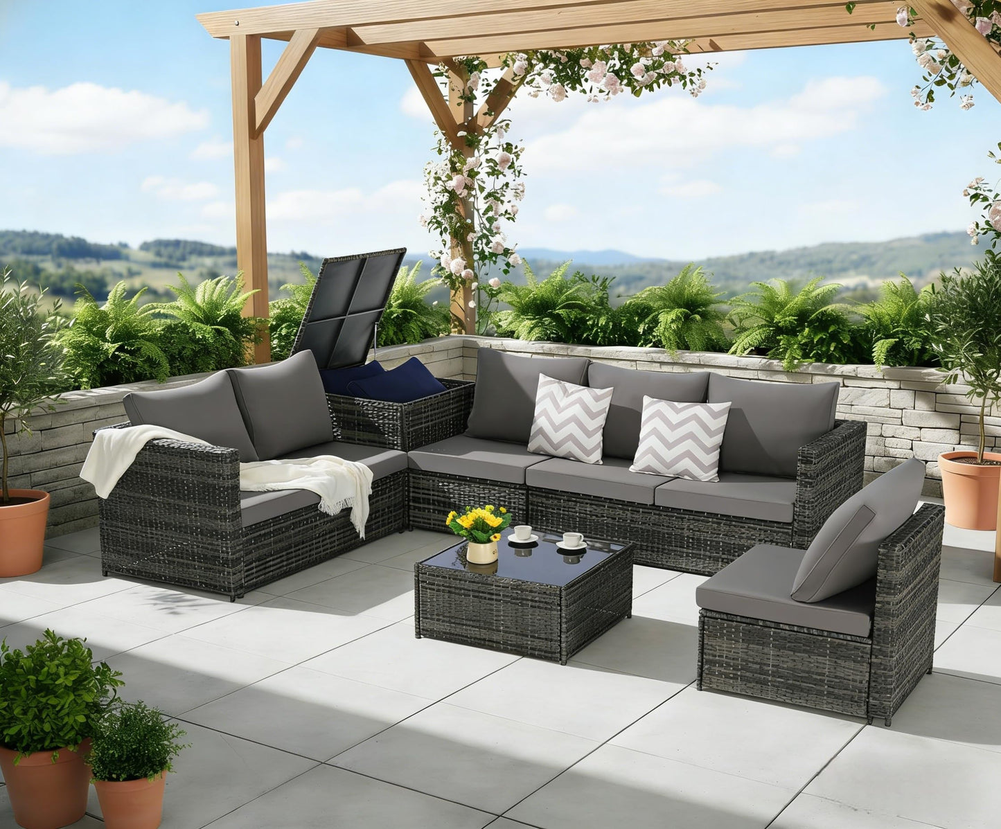 KEIKI 6Pcs Outdoor Patio Sectional Couch Sofa Conversation Furniture Sets with Chair, Storage Corner Cabinet, Glass Top Coffee Table & Cushion, Wicker Woven Seating for Backyard Lawn