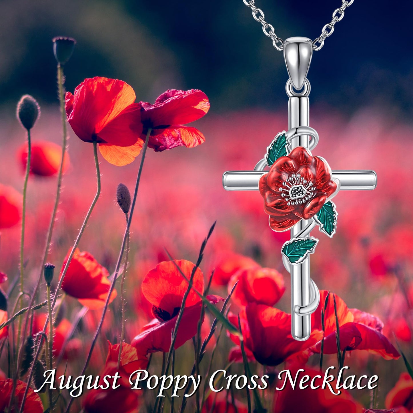 JERWLI Poppy Birth Flower Necklace 925 Sterling Silver Poppy August Birth Flower Pendant Necklace Cross Poppy Jewelry for Women Gifts