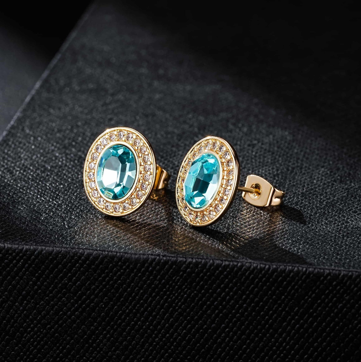 EVEVIC Austrian Crystal Halo Oval Stud Earrings for Women Trendy,14k Gold Plated Hypoallergenic Earring Jewelry Gift (Aquamarine)
