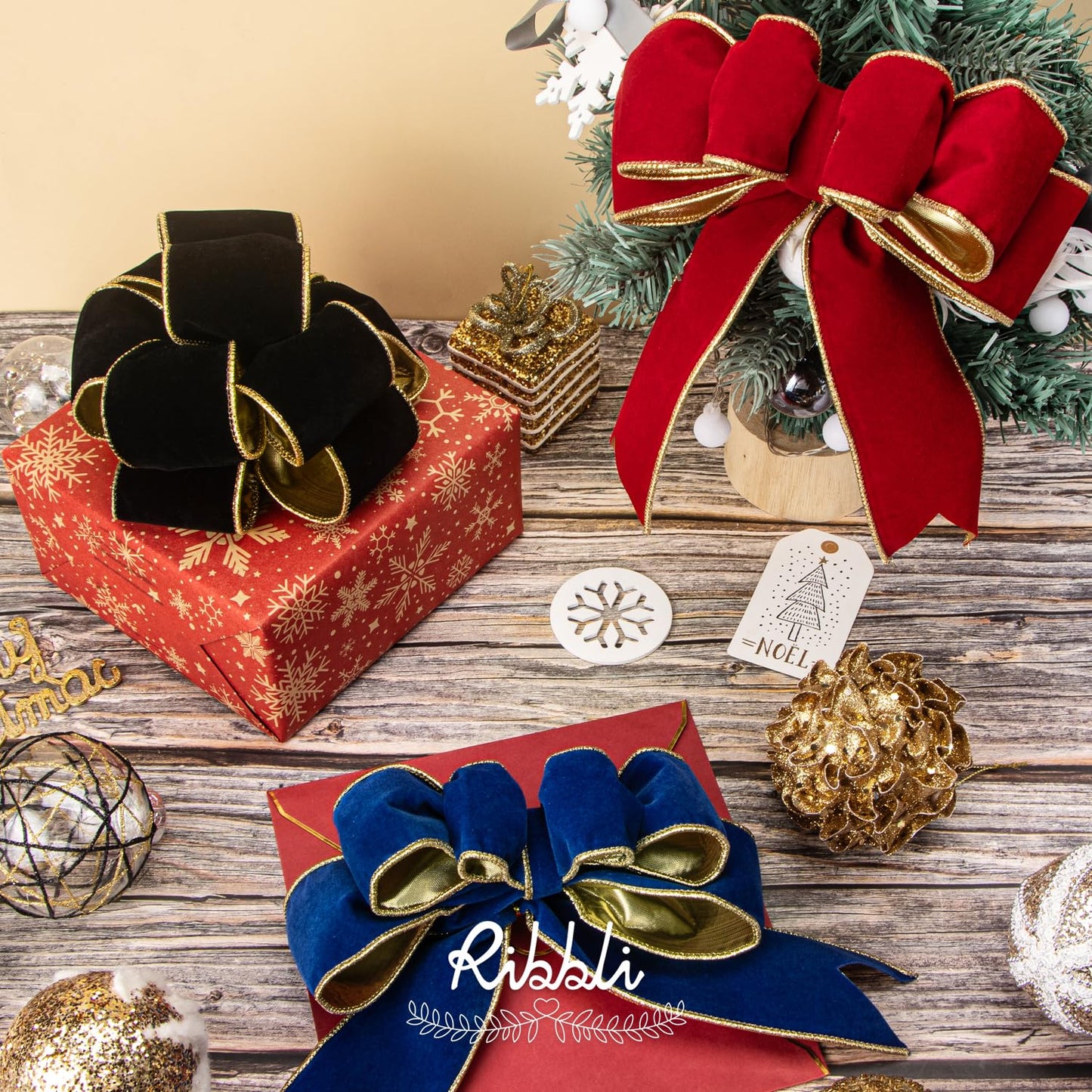 Ribbli Black Velvet Wired Ribbon 2.5 Inch Luxury Matte Velvet Christmas Ribbon for Gift Wrapping Christmas Tree Decoration Crafts Wreaths Supplies - 10 Yards