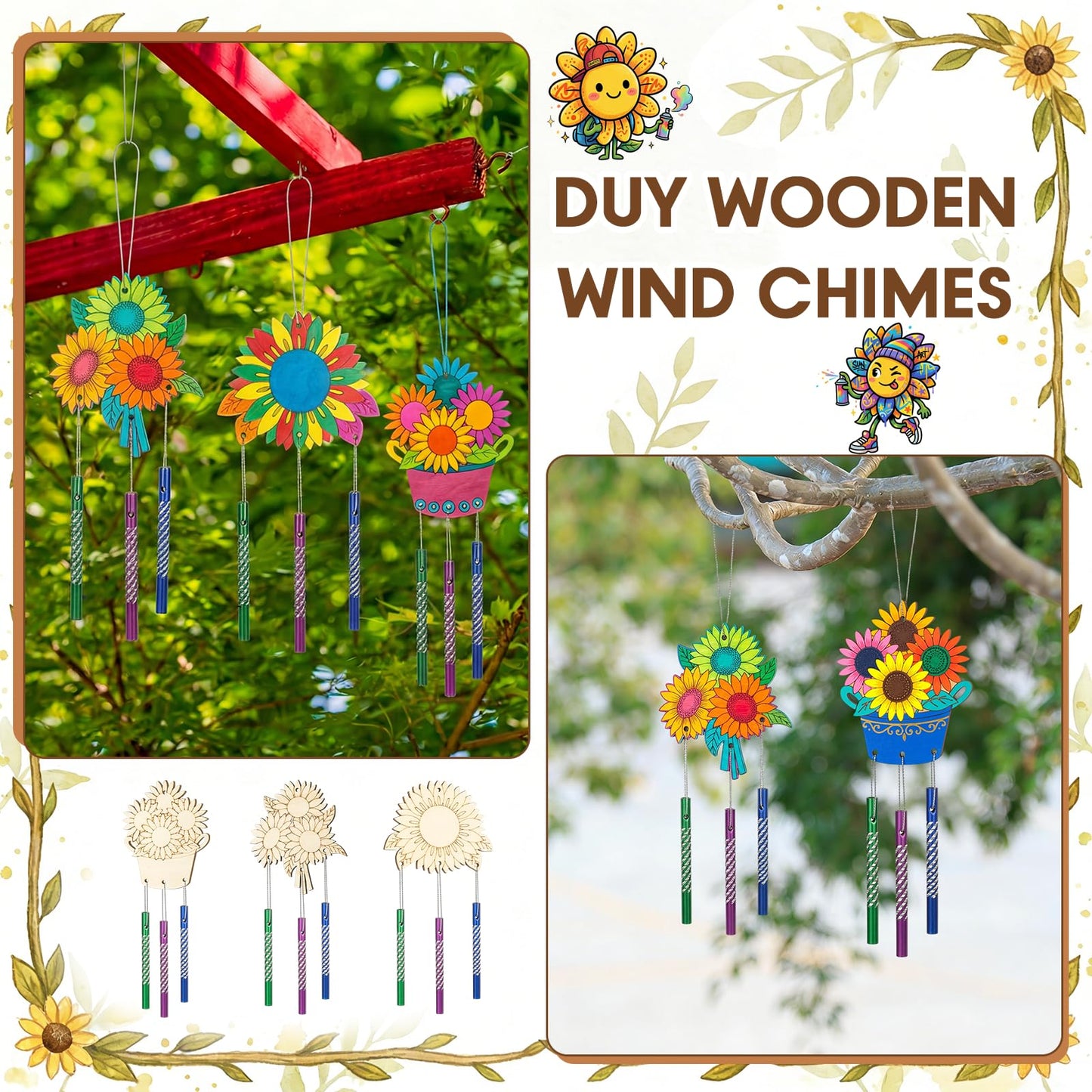Leinuosen 30 Pcs Wind Chime Kit Sunflower Wooden Wind Chimes Decorative Sunflower Windchimes Hanging Dragonfly DIY Crafts for Indoor Outdoor Garden Home Patio Party Crafts Decorations