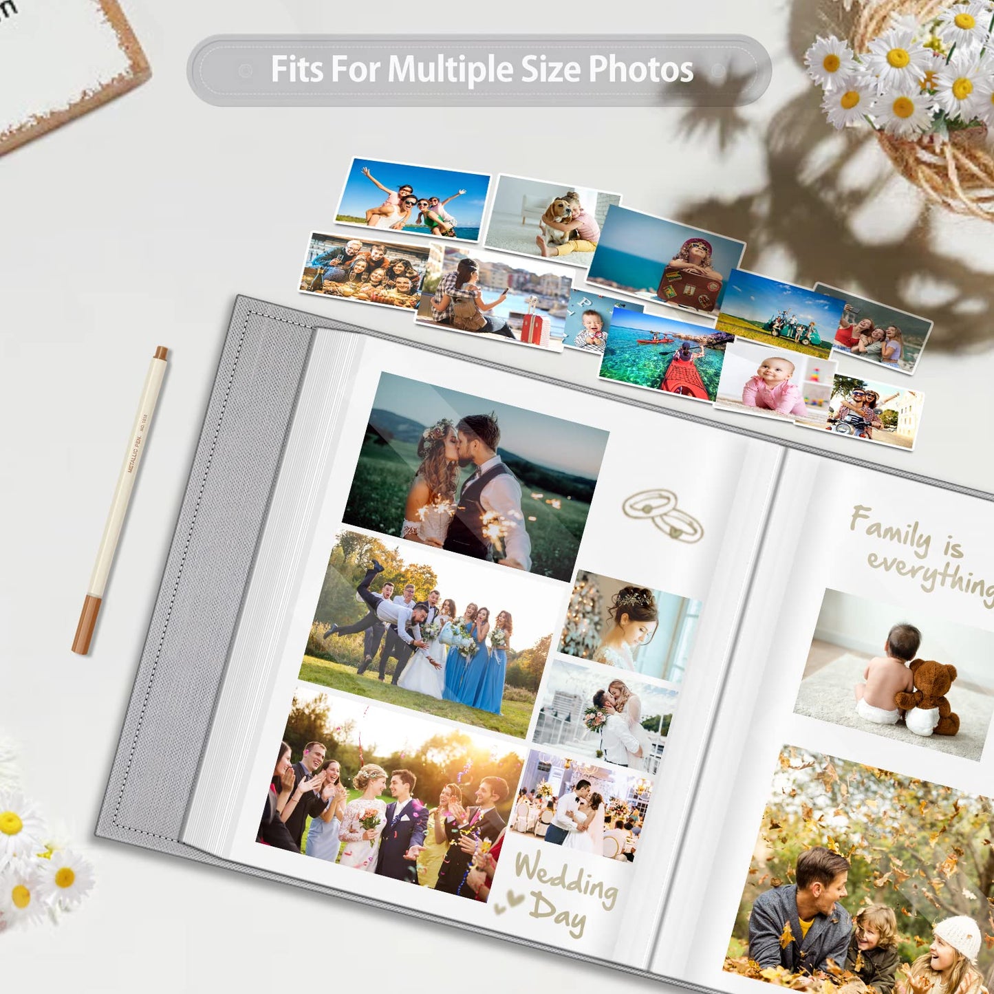 Fintie Photo Album Self Adhesive for 3x5 4x6 5x7 6x8 8x10 Pictures, 60 Sticky Pages DIY Photo Album with A Metallic Pen, Scrapbook Book for Family Wedding Anniversary Pictures, Gray
