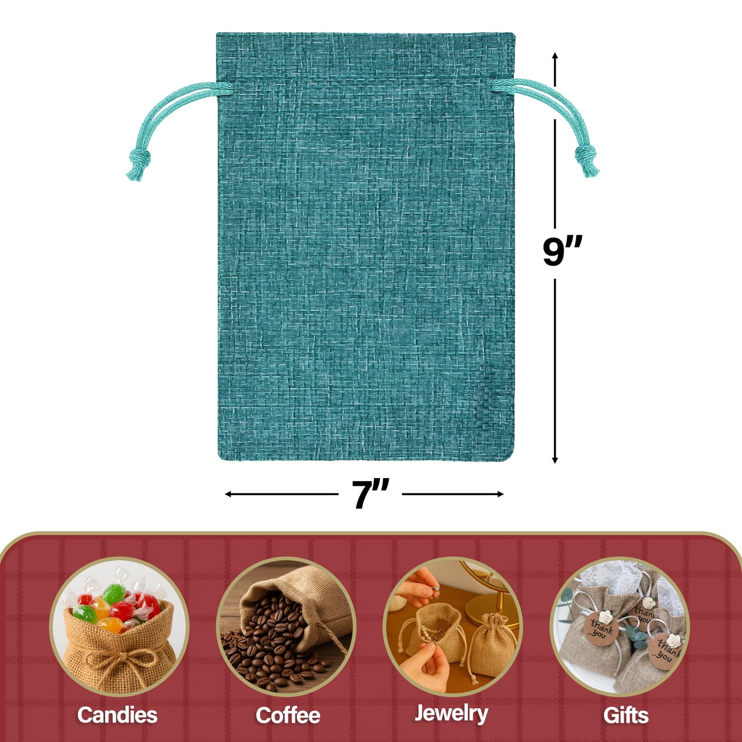 Mandala Crafts 7X9 Inch Teal Burlap Drawstring Gift Bags for Favors - 20 Medium Linen Sacks Gift Pouches for Candy, Coffee, Jewelry, Wedding, and Party Supplies