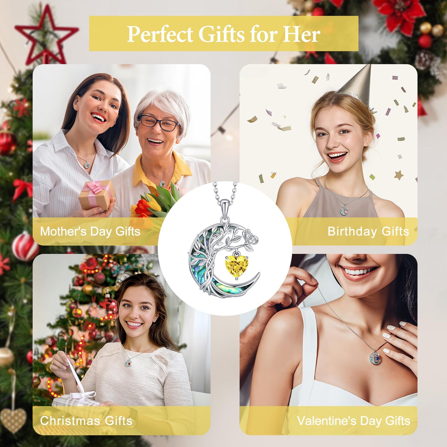 Distance Tree of Life Birthstone Necklace for Women, S925 Sterling Silver Premium Abalone Shell Moon Pendant November Heart Birthstone Necklace, Citrine Jewelry Christmas Birthday Gifts for Her Wife