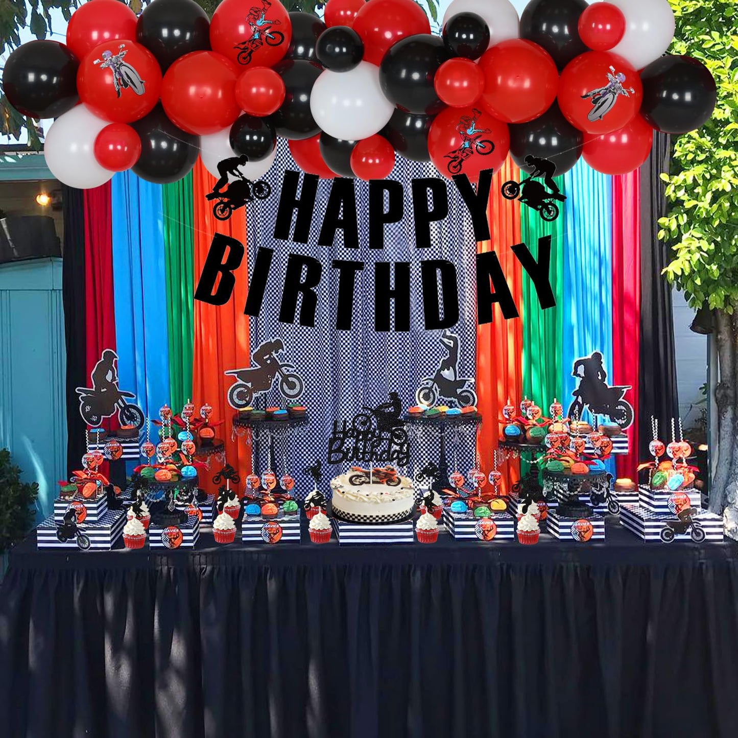 JOYMEMO Dirt Bike Birthday Decorations for Boys - Red Black Balloon Garland Arch Kit with Happy Birthday Banner Cake Topper, Motorcycle Cupcake Toppers for Motocross Theme Party Supplies
