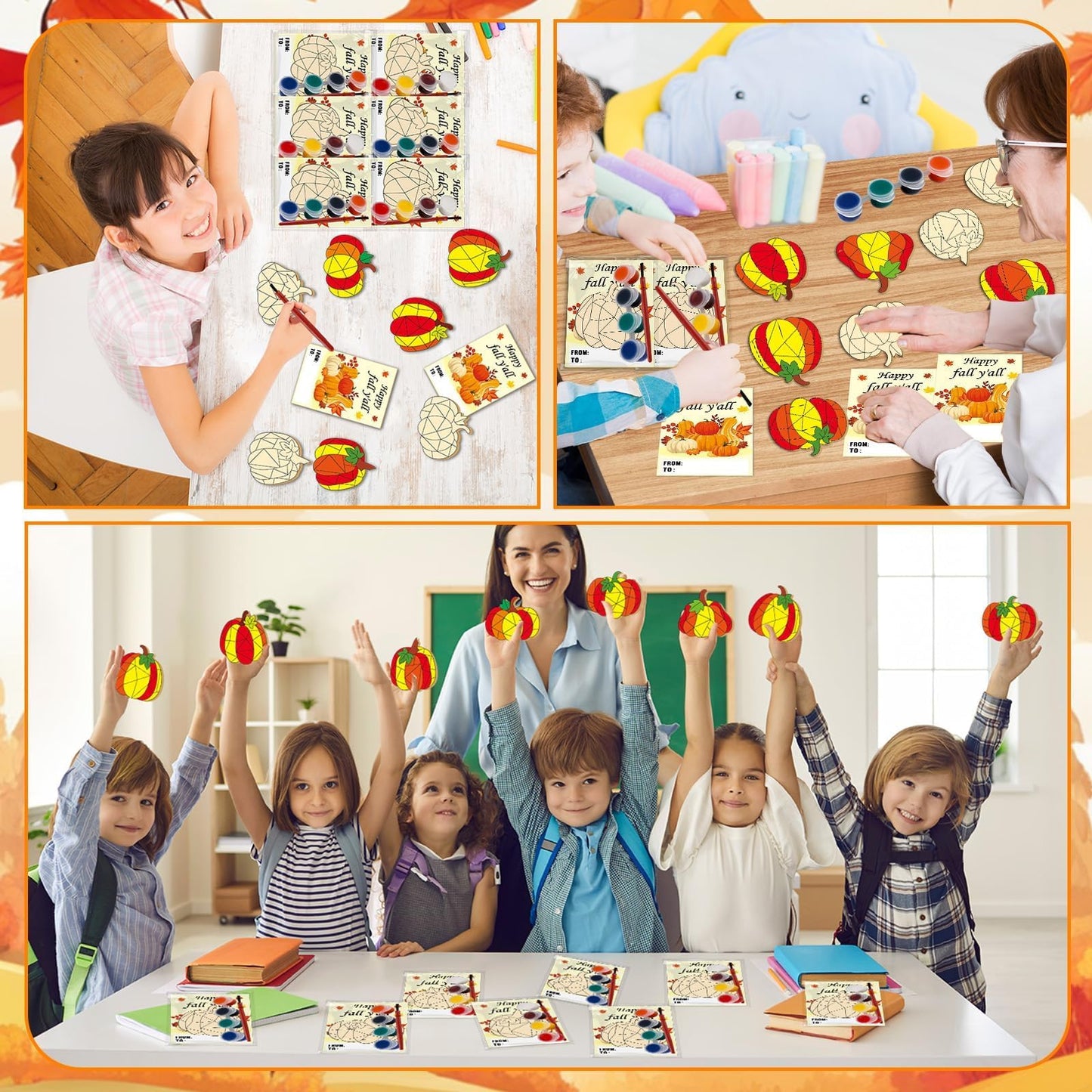 24 Sets Thanksgiving Fall Pumpkin Party Favors Pumpkin Wooden Painting Craft Kits Autumn Party Decors Thank You for Coming Gifts for Kids Happy Fall Y’all Cards - Birthday Crafts Bulk Harvest Supplies