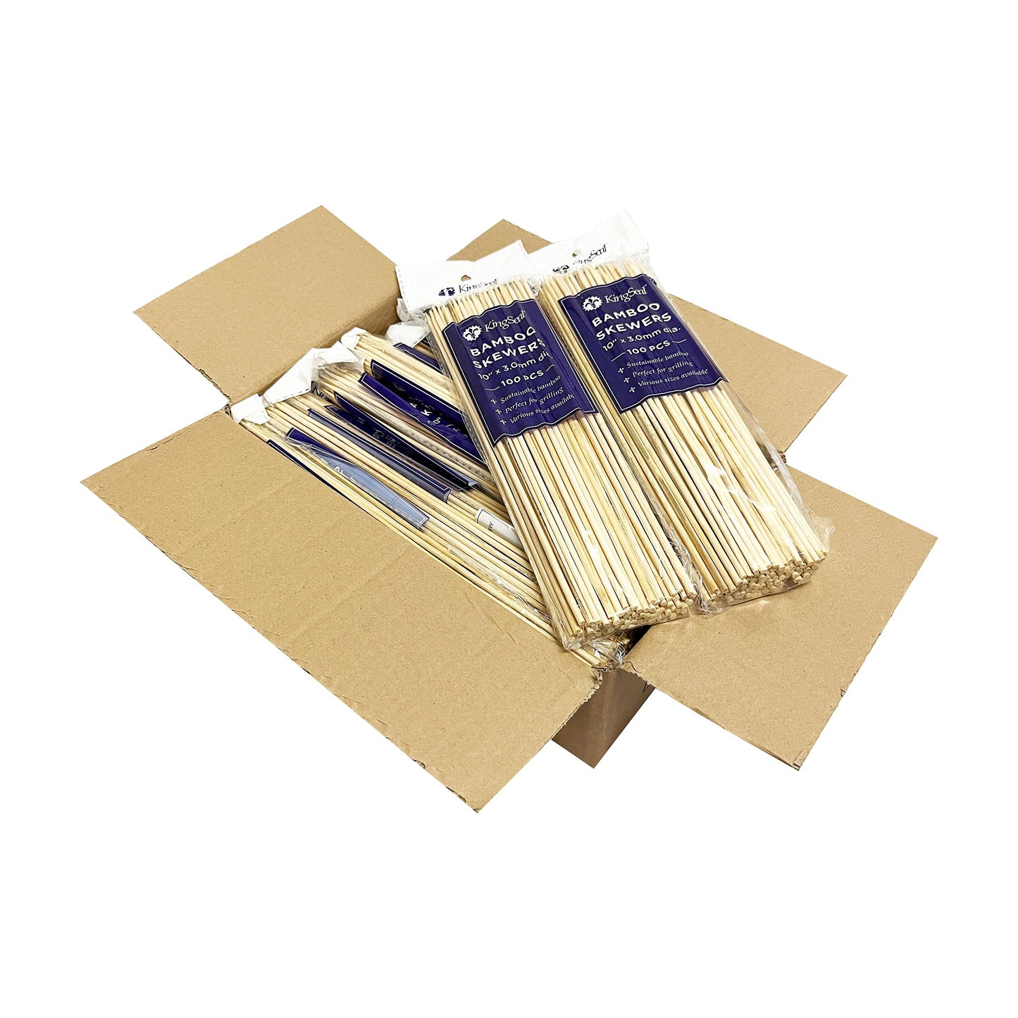 1600 Count | KingSeal Natural Bamboo Wood Grilling Skewers, 10 Inches x 3.0mm Diamter, for Shish Kebabs, BBQ, and Fruit Arrangements, Bulk Pack - 16 Packs x 100 Skewers