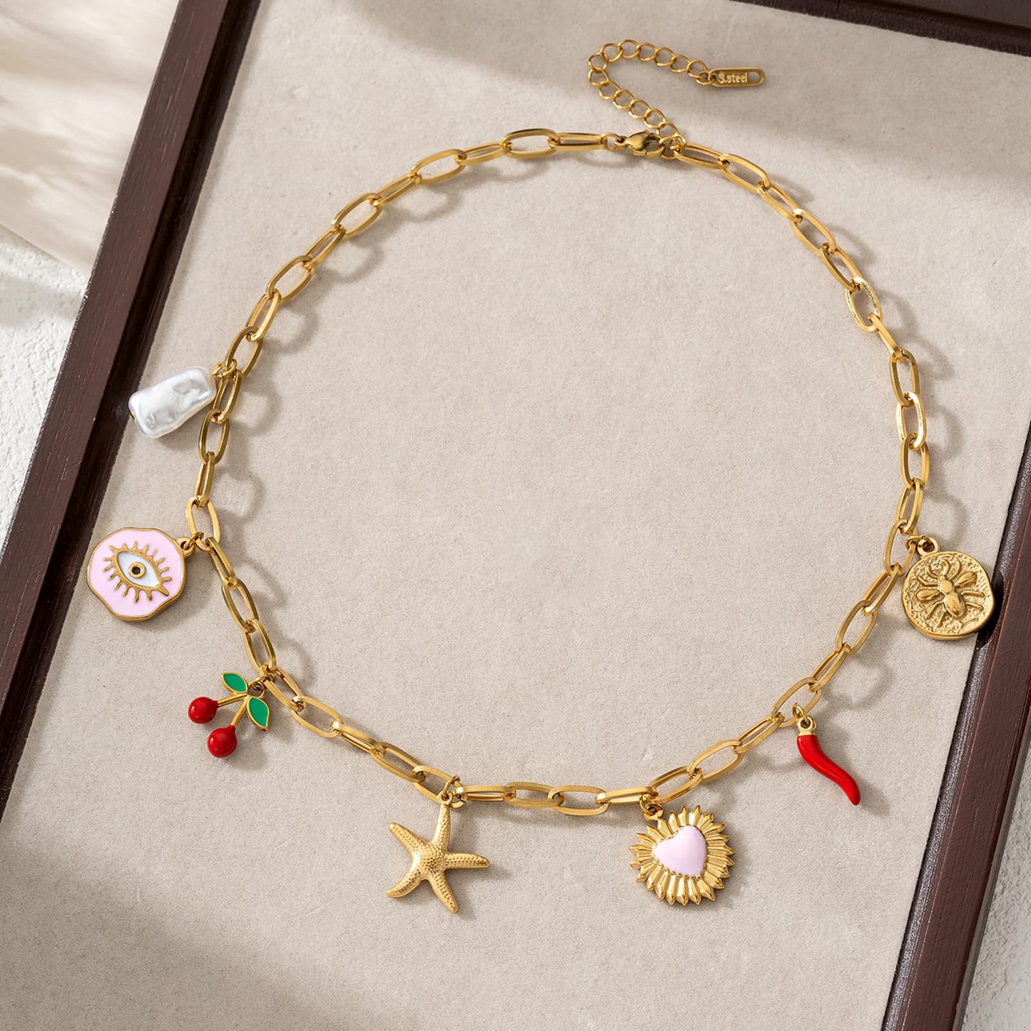 Trendy Stainless Steel Gold Plated Charm Necklace with Heart Pearl Pepper Conch Ceramic Pendant Necklace for Women Collares Chokers Jewelry (Star)