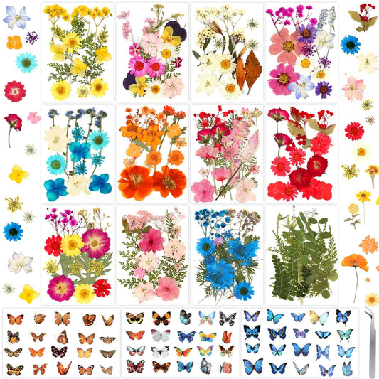 300 Pcs Pressed Dried Flowers with Butterfly Stickers for Crafts, Real Pressed Wildflowers Dry Leaves Bulk with Tweezer for Resin Jewelry Molds, Candle Soap Making, Scrapbook, Bookmark, Nails Decor