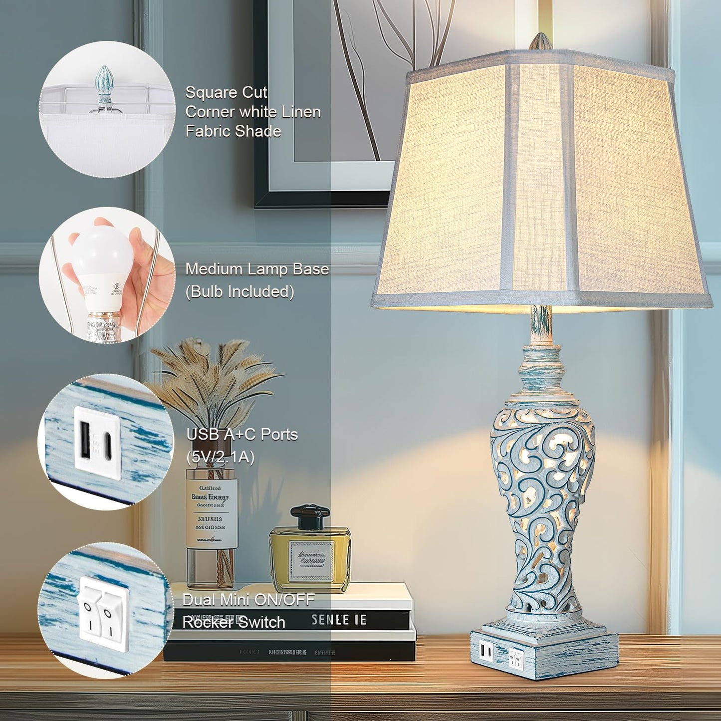 Table Lamp Bedside Lamps Set of 2, 28.5'' Luxsight Farmhouse Table Lamps for Bedroom, Lamps for Nightstands with Night Lights, with USB C+A Ports, Rustic Lamp for Living Room, Bulb Included