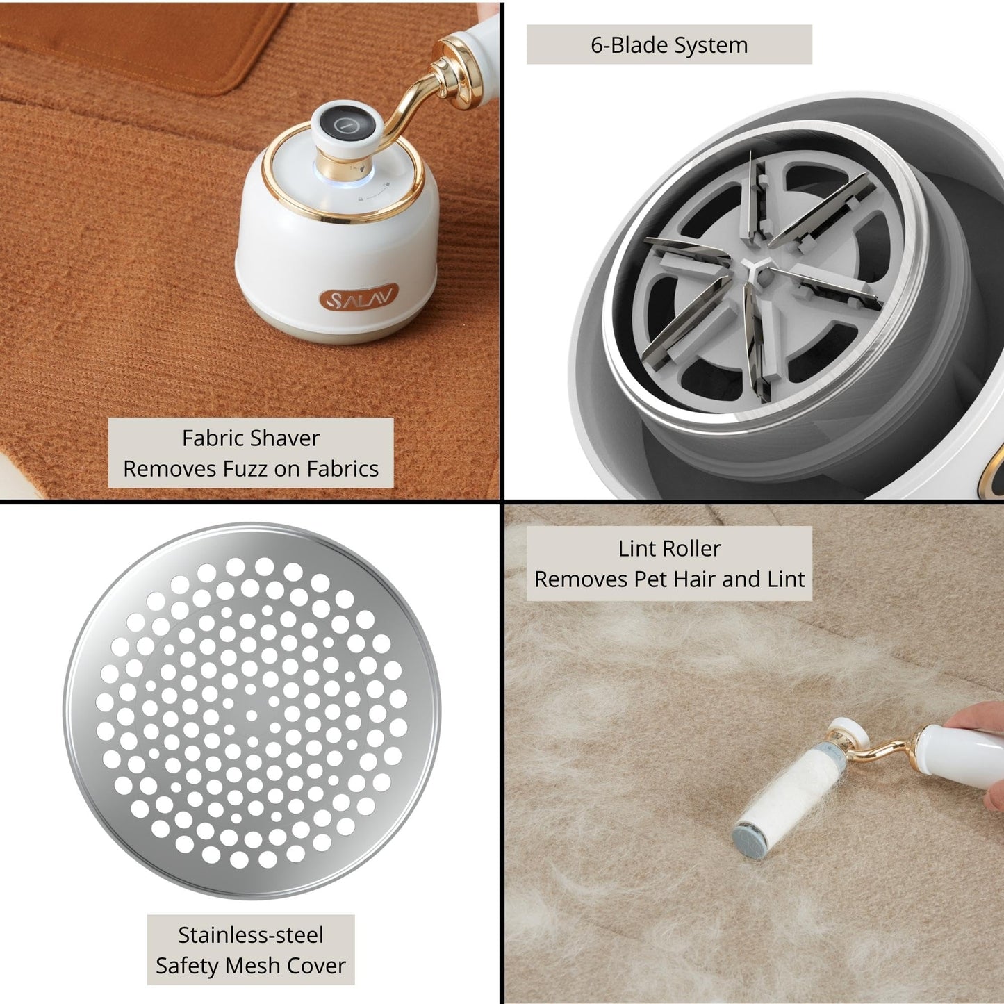 SALAV Retro Edition Duopress Steamer and Iron and Fabric Shaver and Lint Roller Bundle, Pearl