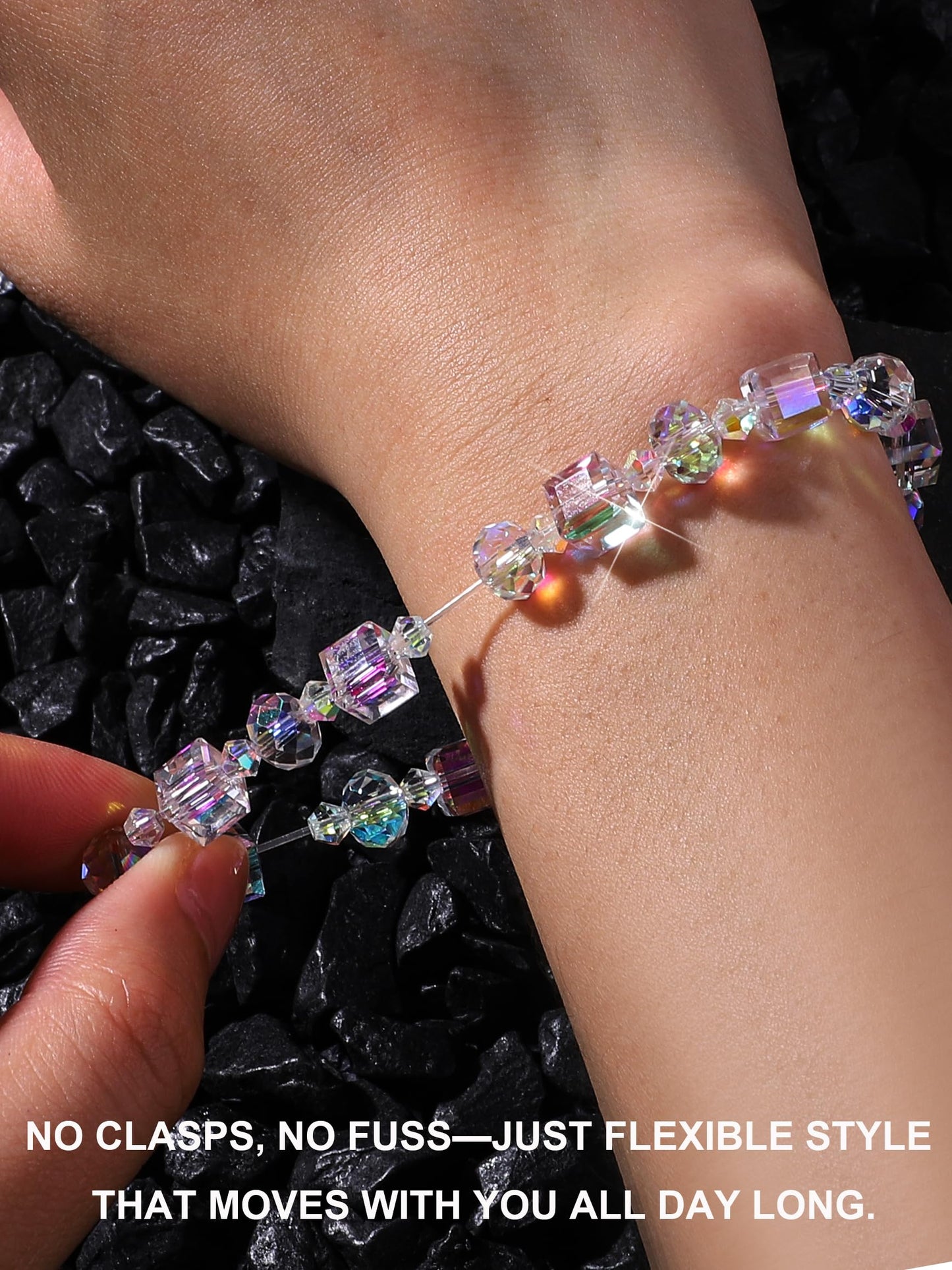 HANGINTHERE Aurora Crystal Bracelet for Women ,7 Inch Stretchy Iridescent Bracelet with 8mm Aurora Borealis Beads,Gift for Girlfriend Best Friends Mom Wife, Birthday Valentine‘s Present with Velvet Pouch