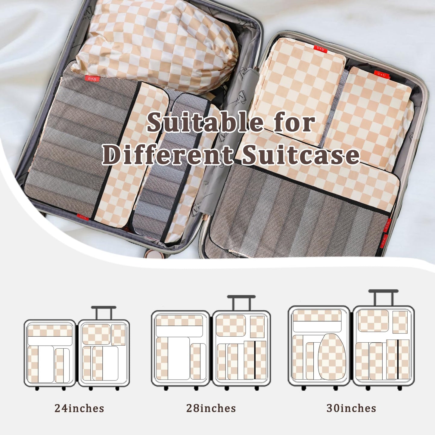U+U 10 Set Compression Packing Cubes - Ultralight Travel Organizers with Laundry Bag and Cosmetic Bag, Space-Saving Suitcase Organizer for Travel, Business Trip and Family Vacation (Khaki Checkered)