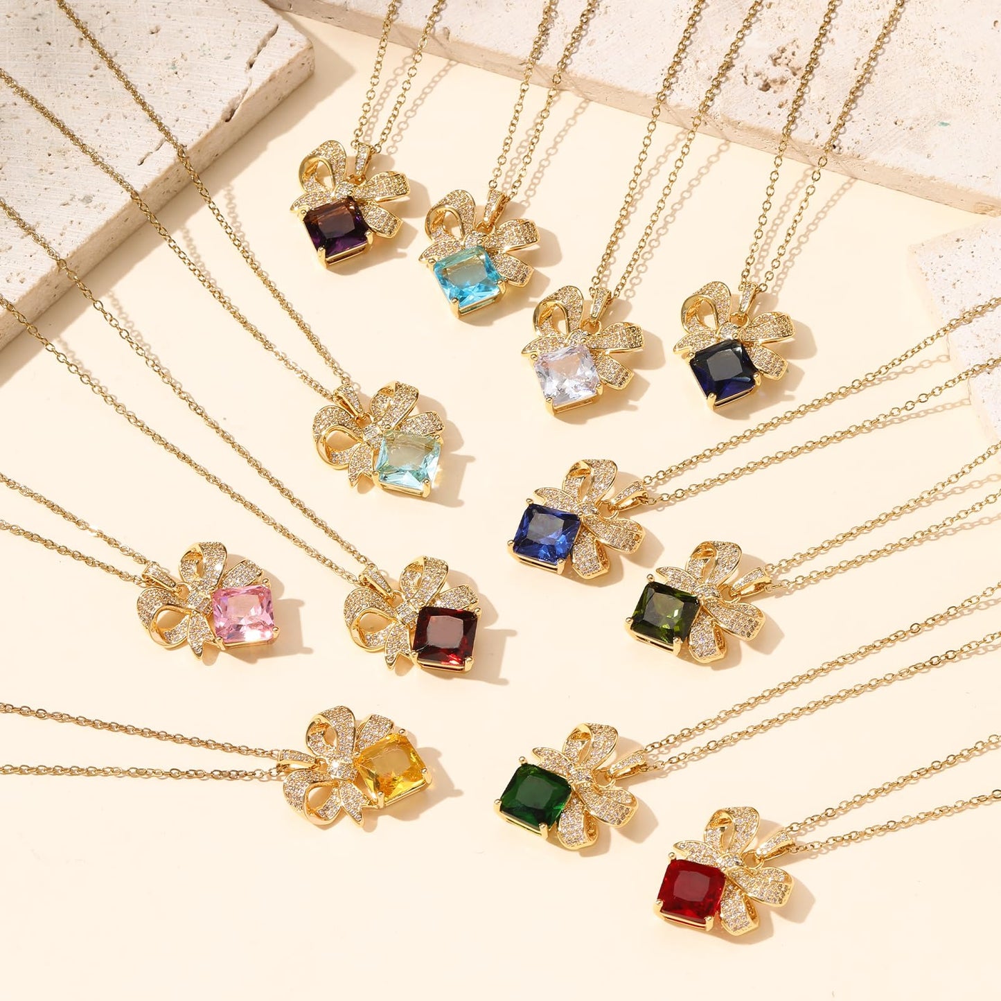 Square June Birthstone Bow Moonstone Necklace for Women-Gold Plated Moonstone Pendant Waterproof Non Tarnish Healing Crystal Vintage Necklace For Birthday Valentines Day Mother's Day Christmas Thanksgiving Gifts