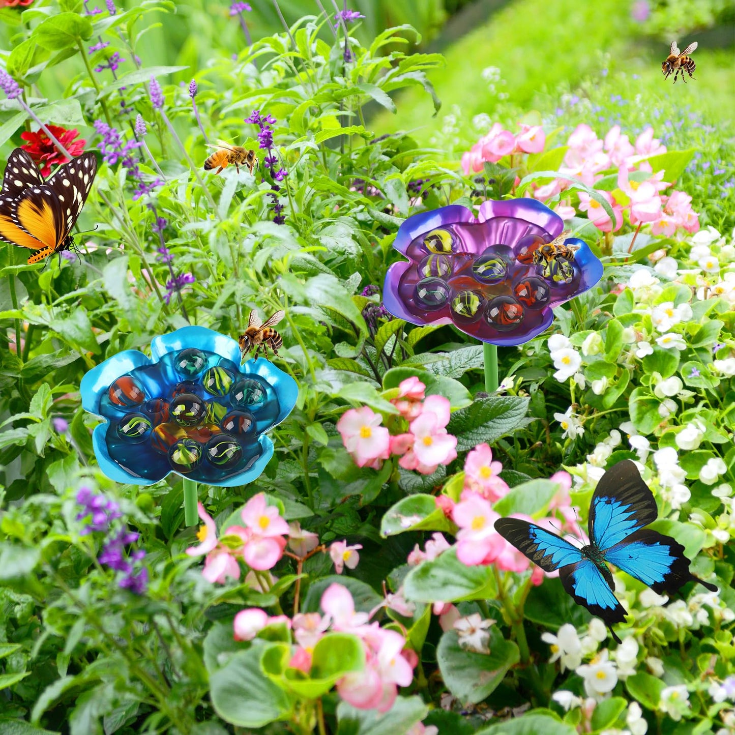 4 Pack Bee Watering Station, Metal Bee Feeder with Glass Marbles, Flower Shape Bee Butterfly Watering Station Bee Waterer for Outdoor Garden Courtyard Decor