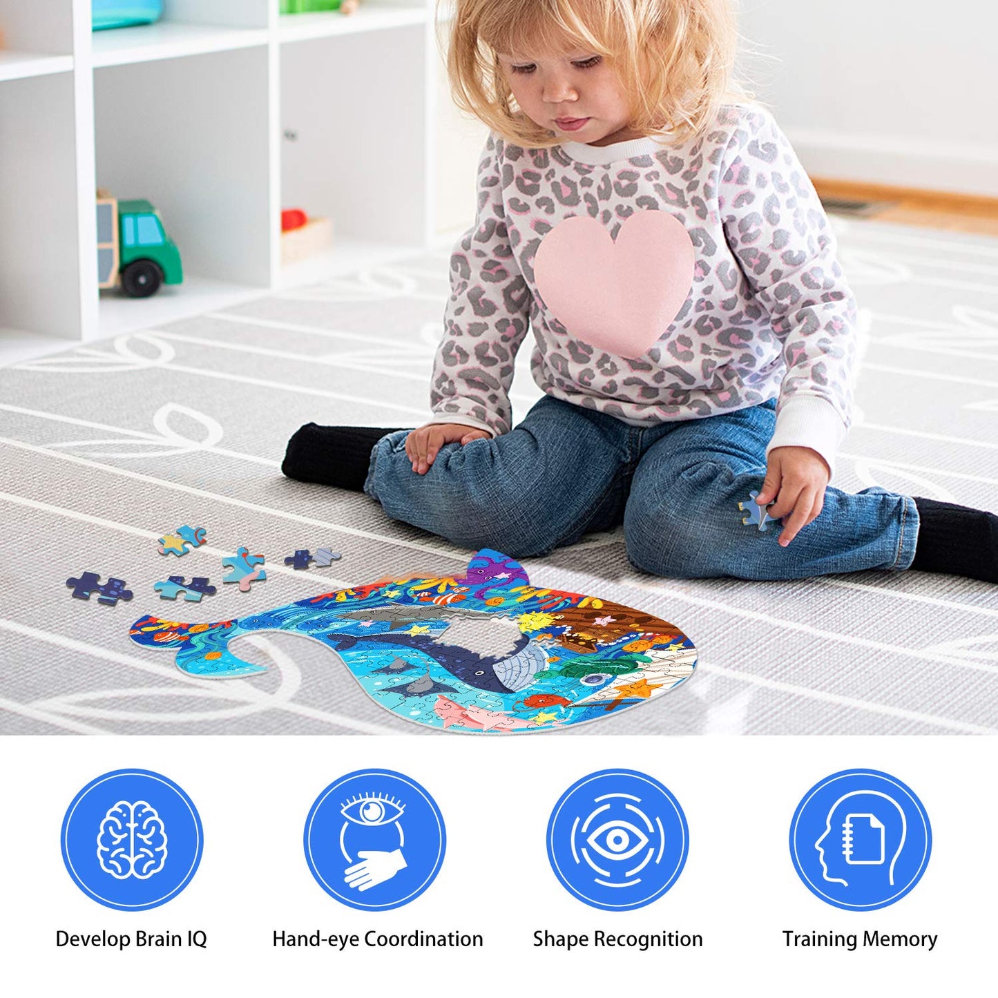 Jigsaw Puzzles for Kids Ages 4-8, 108 Pieces Whale Shaped Cardboard Puzzles for Animal Lovers, Sturdy Floor Puzzles Box and Poster, Educational Toys Gift for Boys Girls, 23.38 x 14.72 Inch