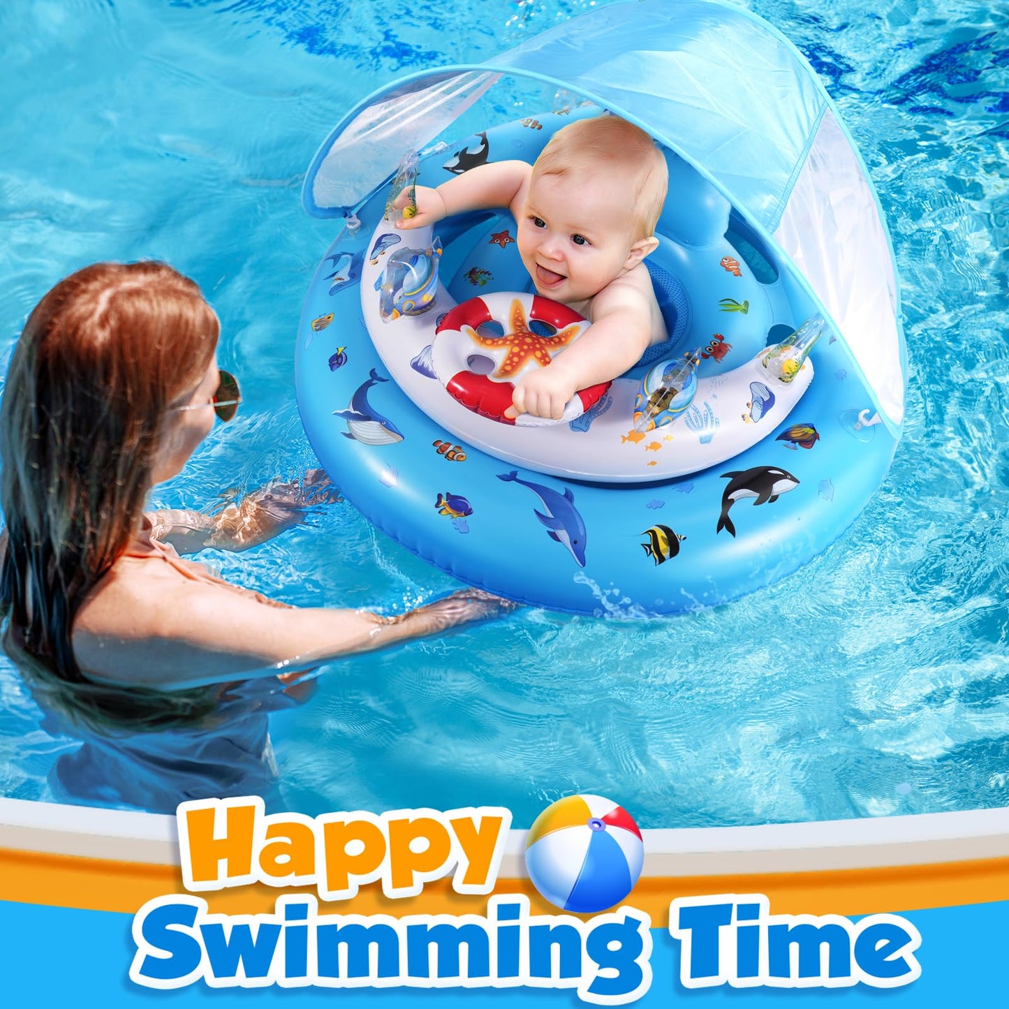Baby Pool Float with Canopy UPF50+ Sun Protection, Inflatable Kids Pool Floats with Toy Play Console for Baby 6-36 Months, Infant Swimming Float with Adjustable Safety Seat for Boys Girls