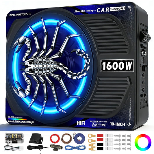 TZGBASS 2026 Upgraded 1600W Slim Underseat Car Subwoofer and Amp Package with RGB Beat-Synced Light, Built-in Class D Amplifier, Low Pass/Gain/Bass Boost Control, Deep Subsonic Bass for Truck SUV Jeep