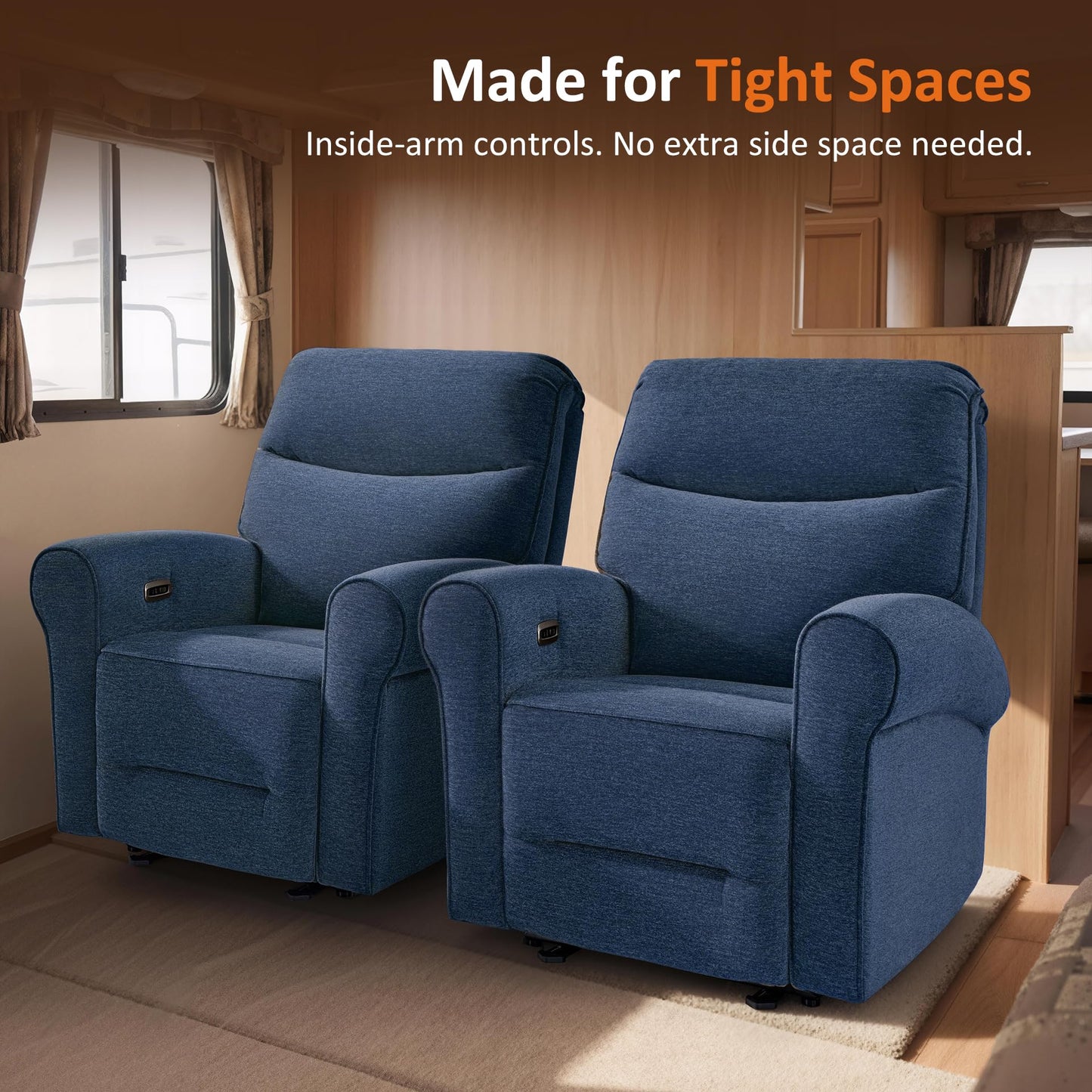 MCombo Compact Wall Hugger Power Recliner Chair for Small Spaces, Dual USB-A/C Ports, Rolled Arm Recliner for Living Room & RV, Fabric PR520 (Fabric, Navy Blue, Small)