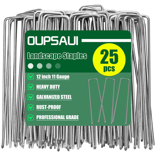 OUPSAUI 12 Inch Galvanized Landscape Staples Stakes, 25/50/100/200pcs Garden Metal Stakes for Weed Barrier Fabric, Fence Stakes, Tent Stakes, Christmas Decorations (25pcs)